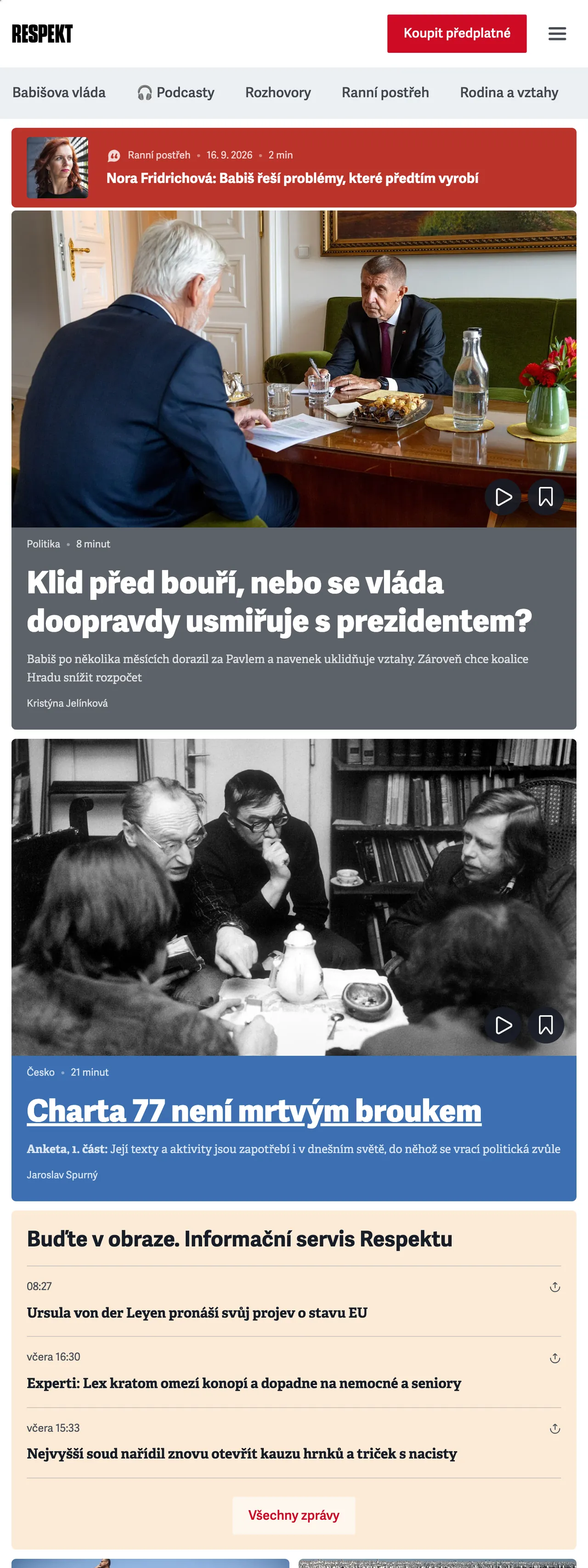 Screenshot of the Respekt front page