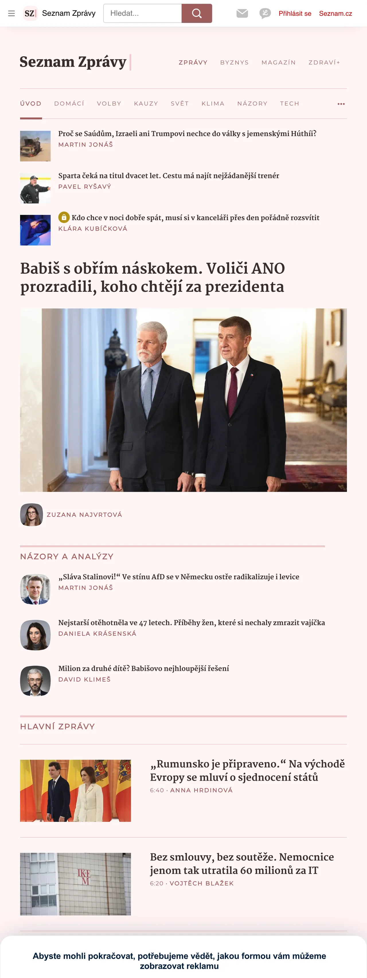 Screenshot of the Seznam Zprávy front page