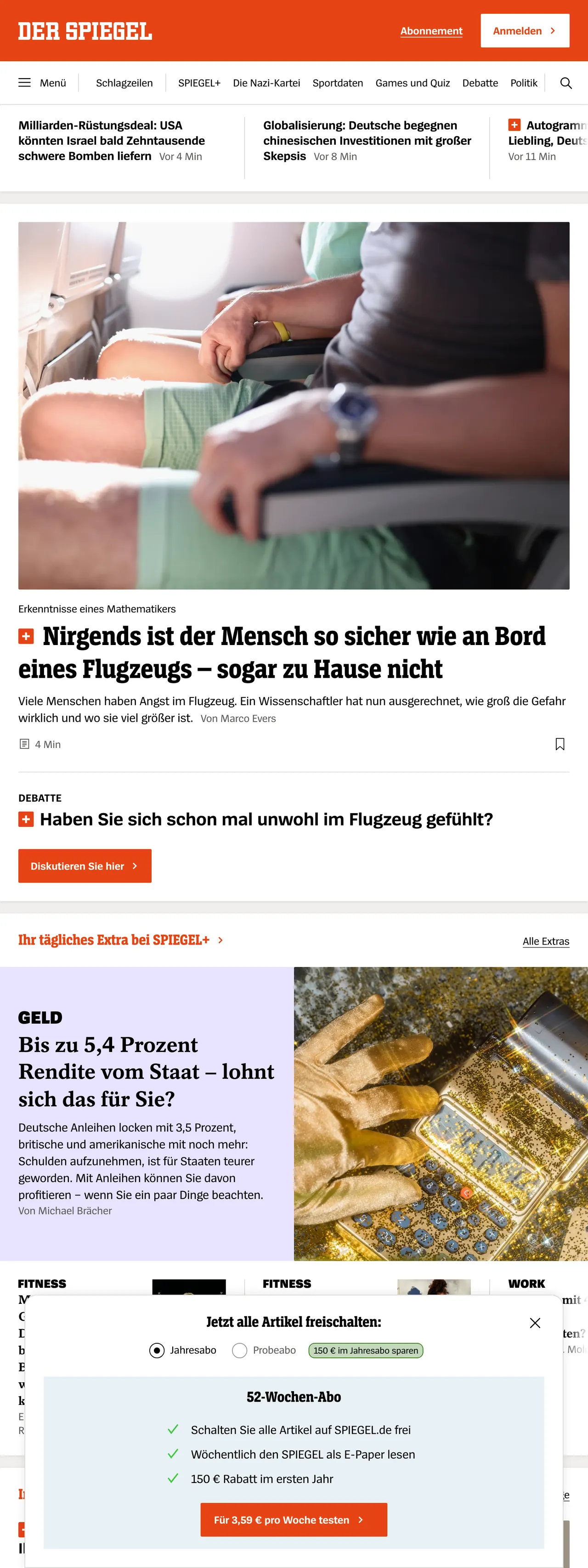 Screenshot of the DER SPIEGEL front page