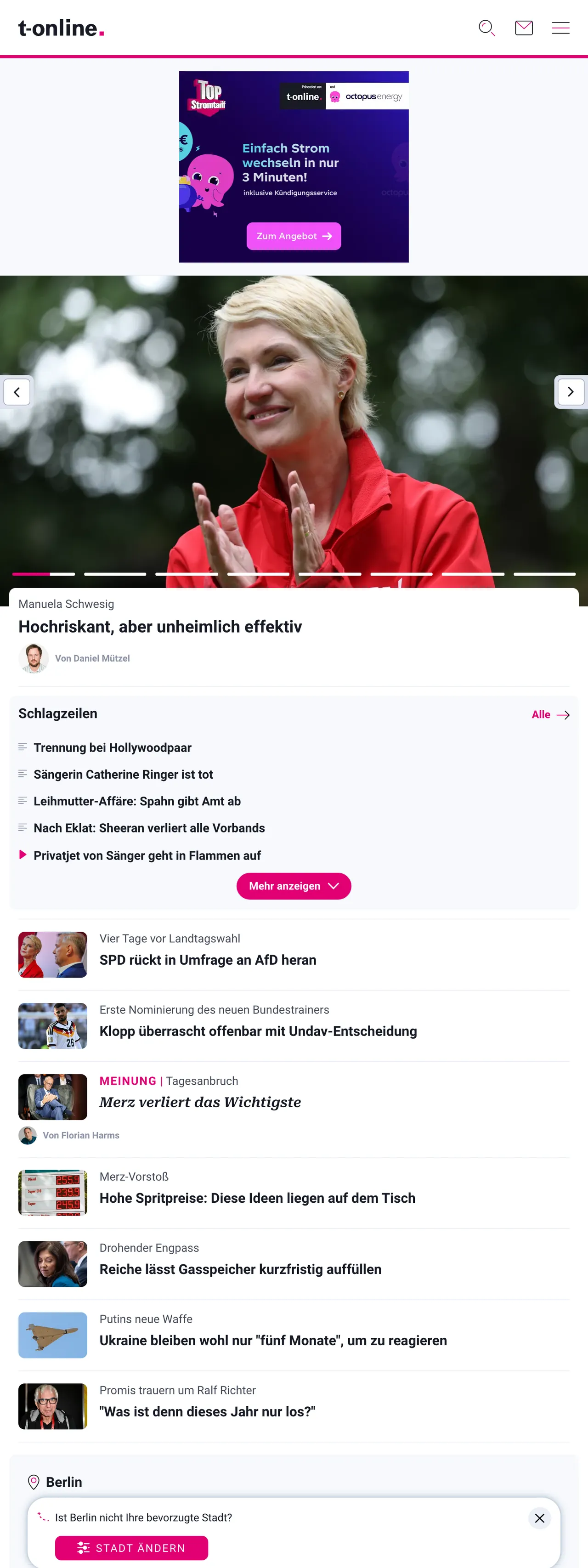 Screenshot of the t-online front page