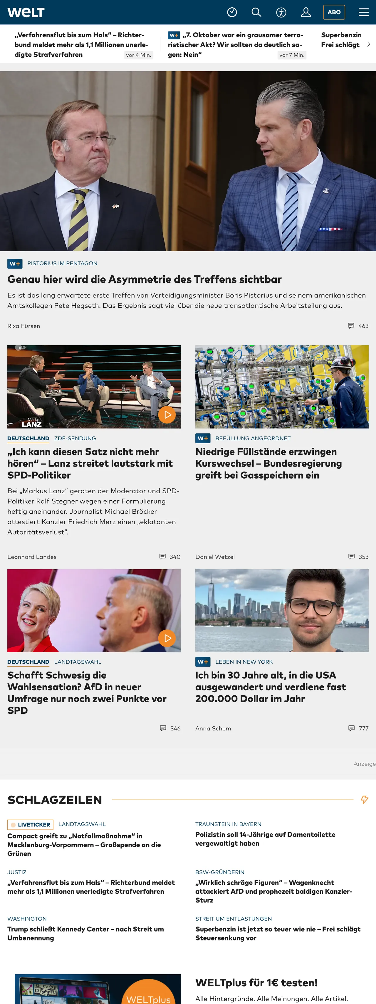 Screenshot of the WELT front page