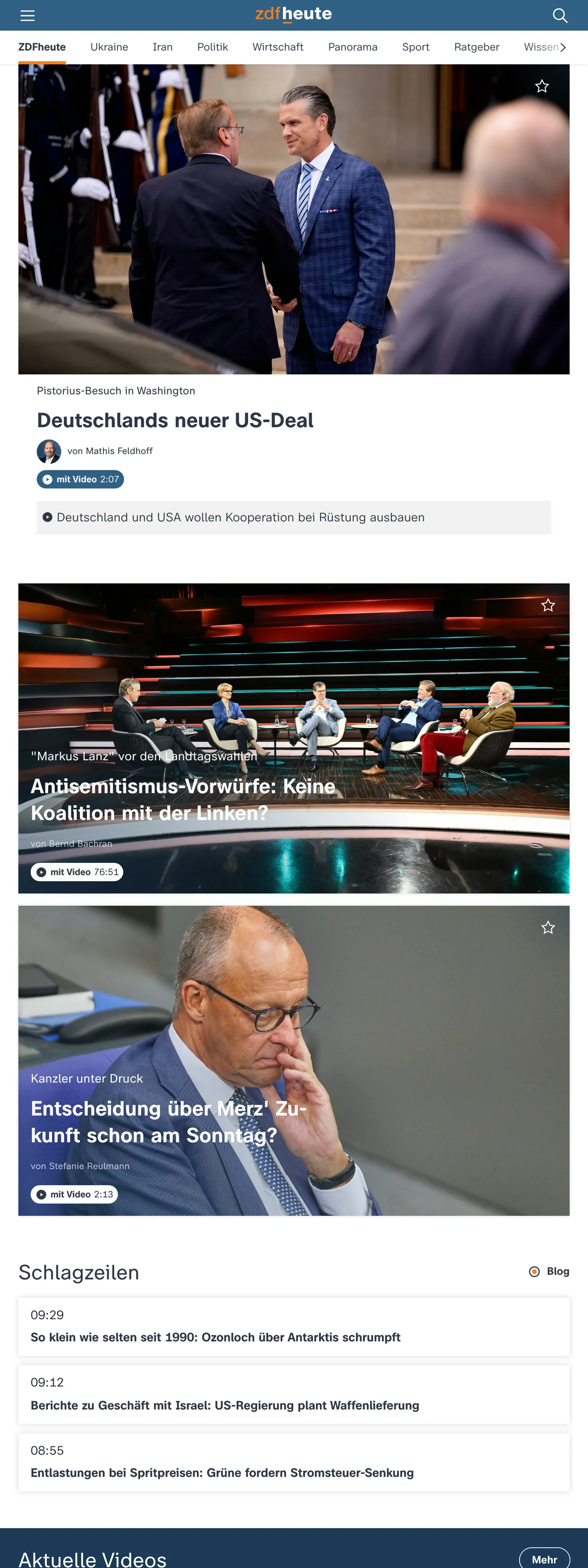 Screenshot of the ZDFheute front page