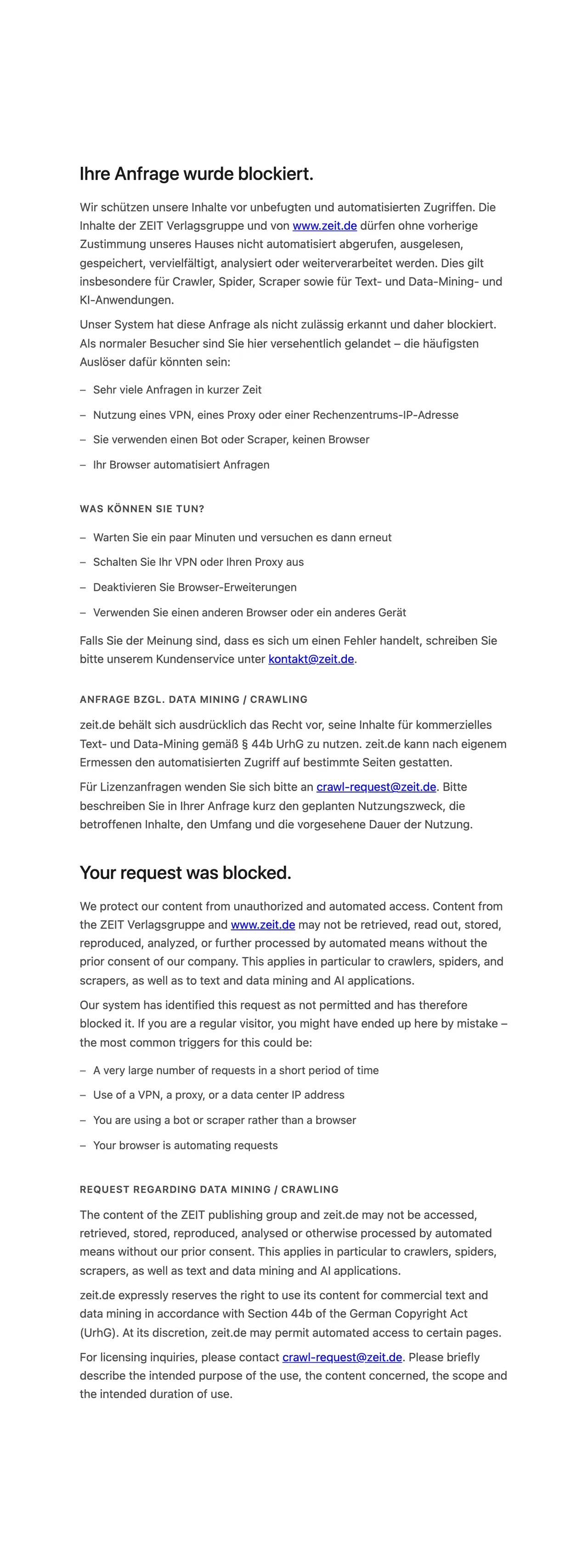 Screenshot of the ZEIT ONLINE front page