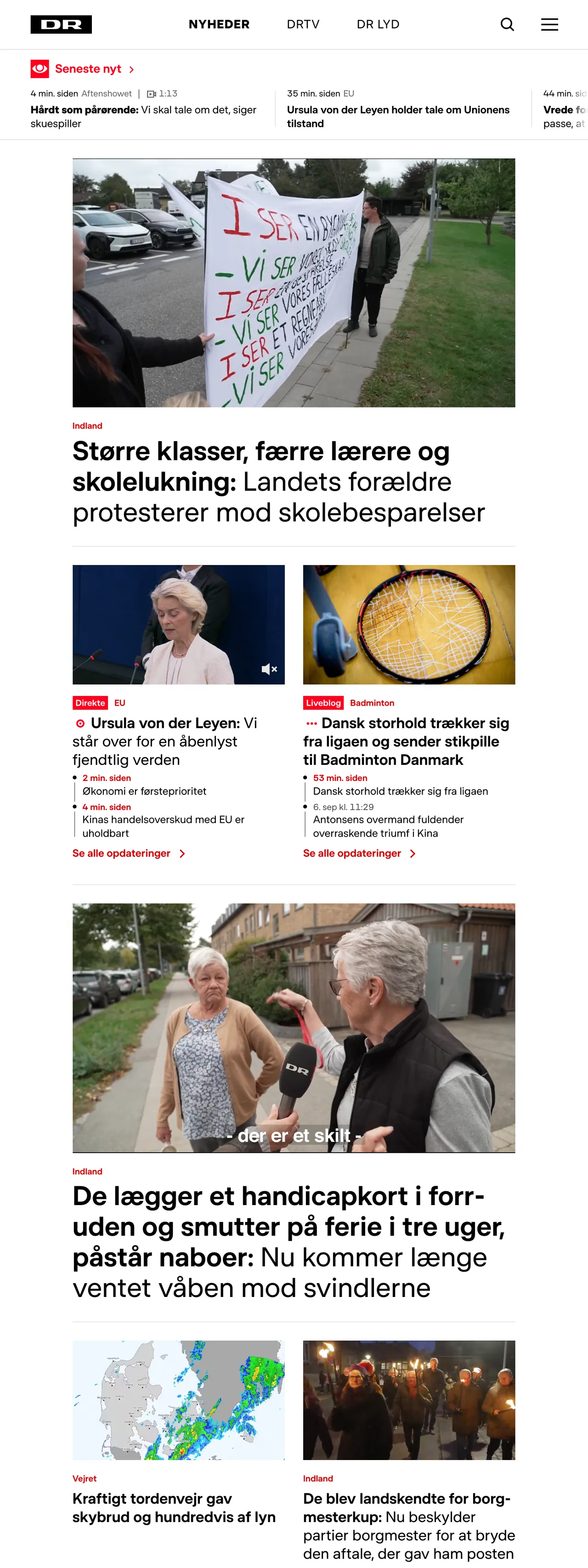 Screenshot of the DR front page