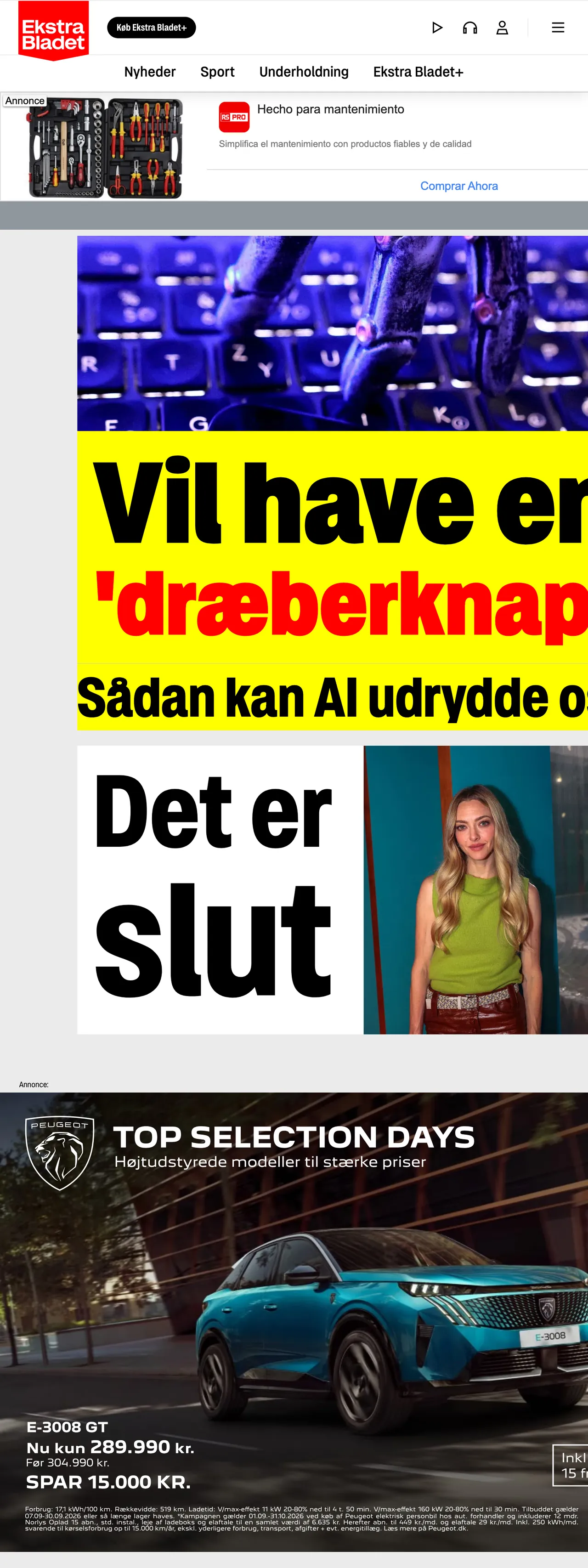 Screenshot of the Ekstra Bladet front page