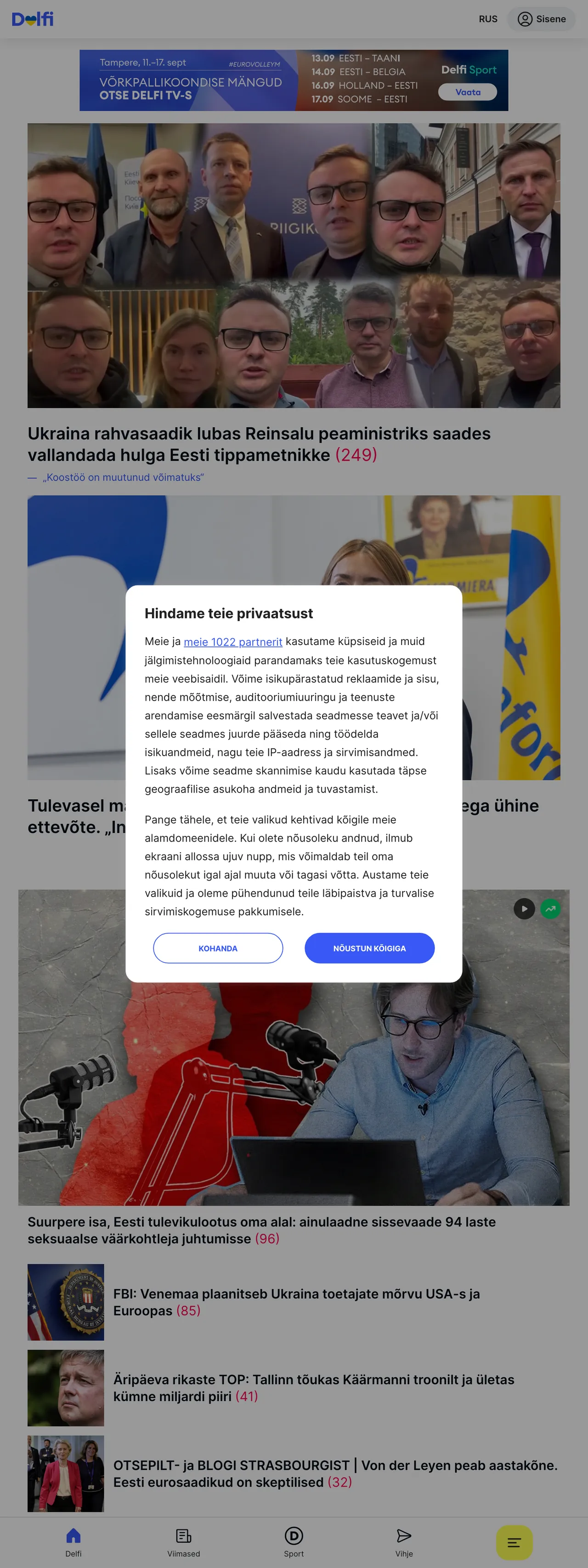 Screenshot of the Delfi front page