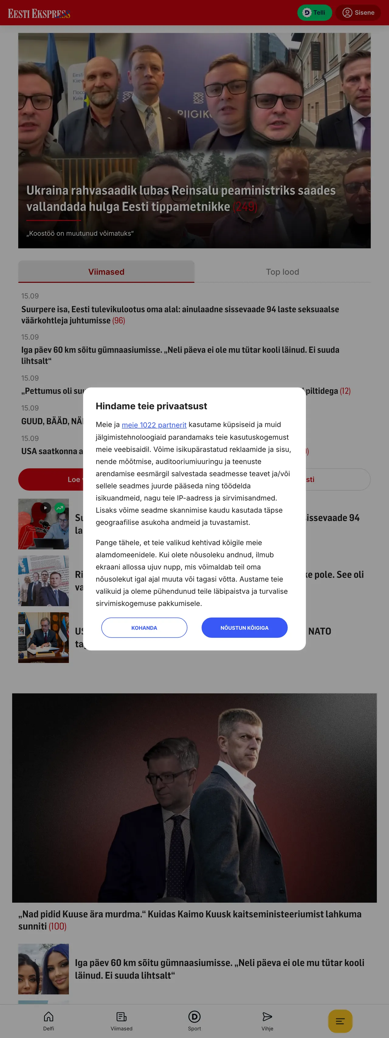 Screenshot of the Eesti Ekspress front page