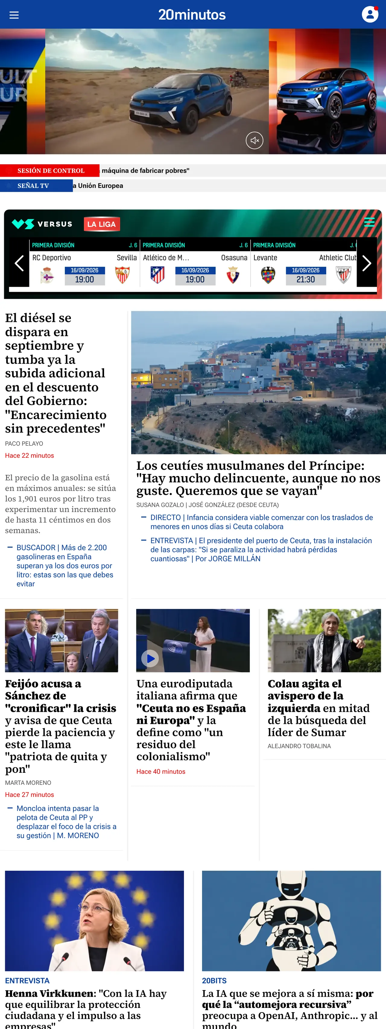 Screenshot of the 20minutos front page
