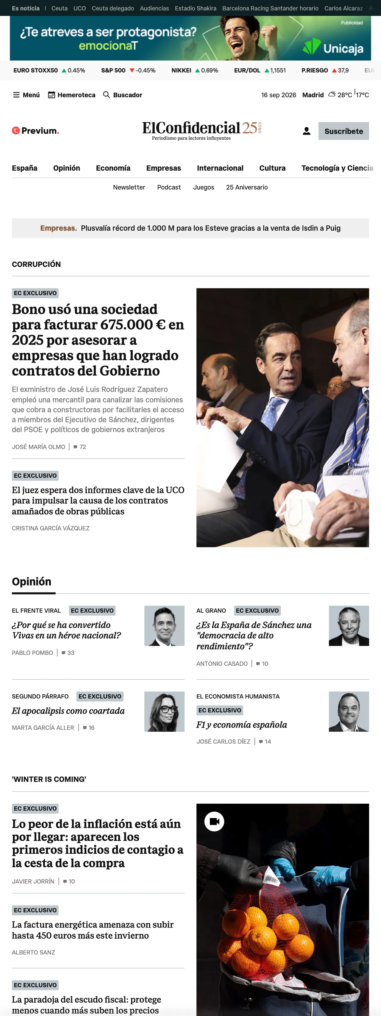 Screenshot of the El Confidencial front page