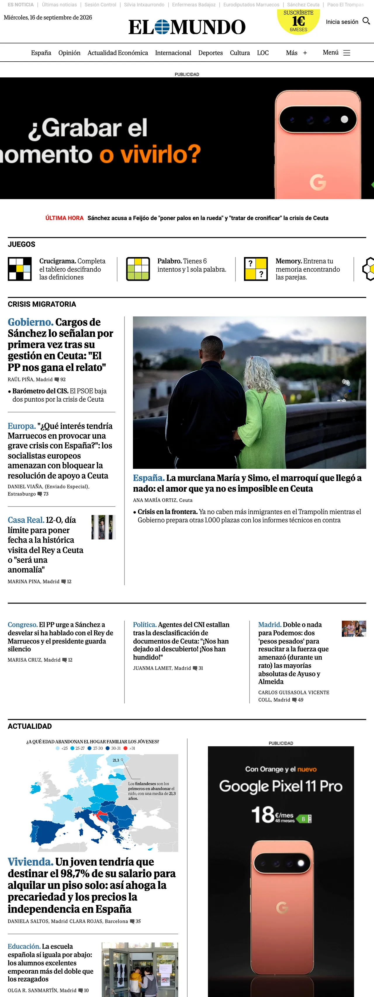 Screenshot of the El Mundo front page