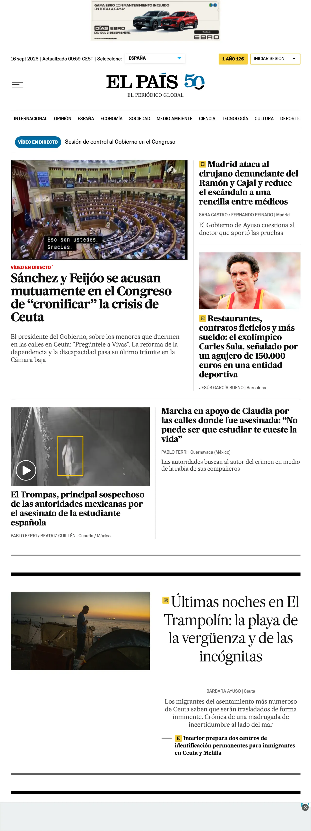Screenshot of the EL PAÍS front page