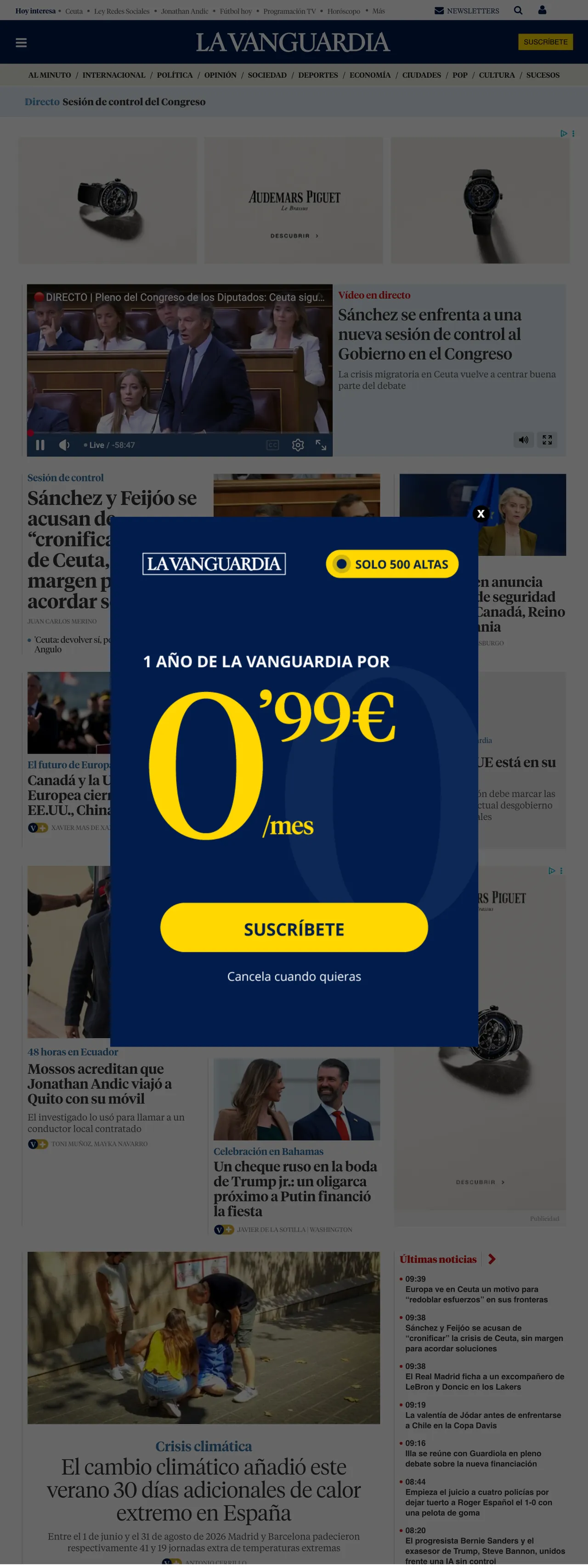 Screenshot of the La Vanguardia front page