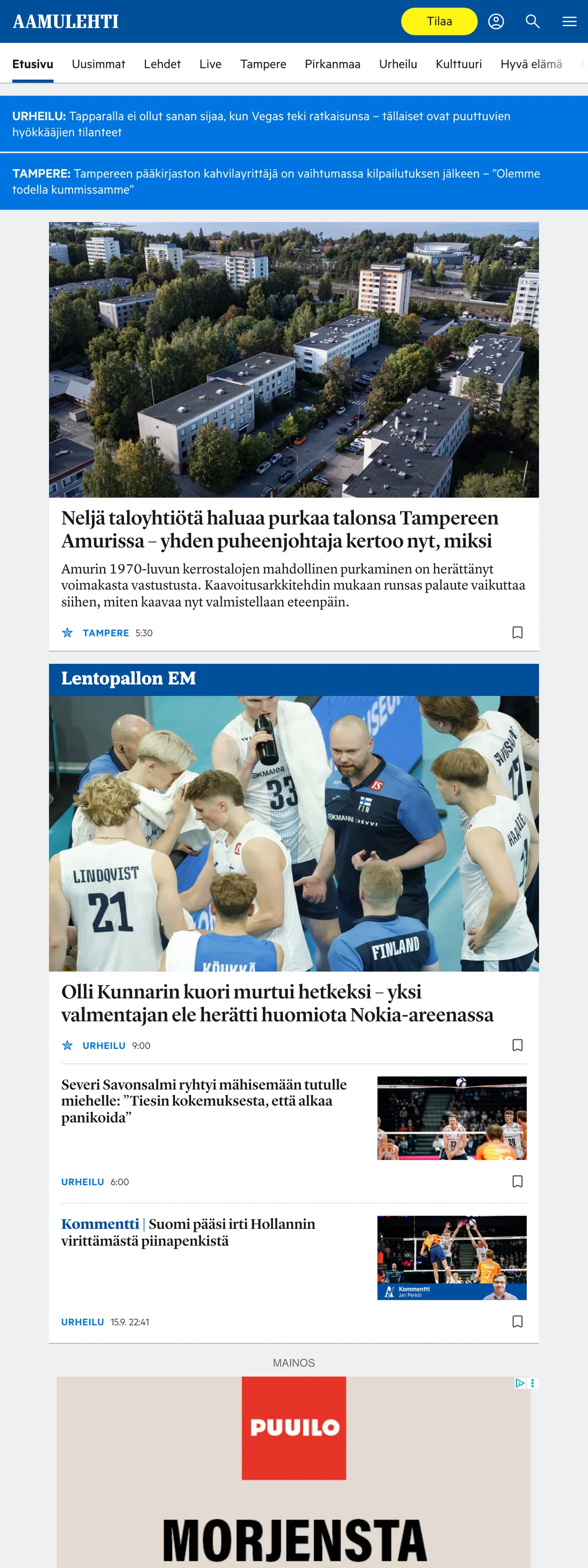 Screenshot of the Aamulehti front page