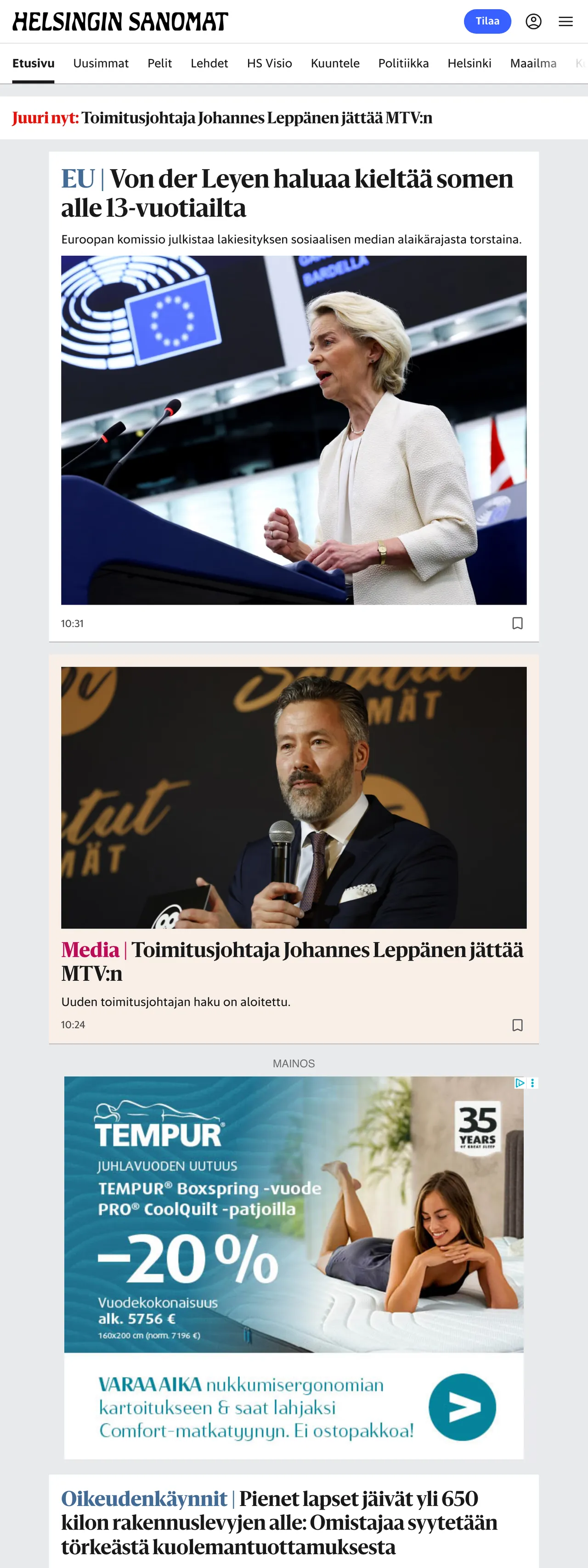 Screenshot of the Helsingin Sanomat front page