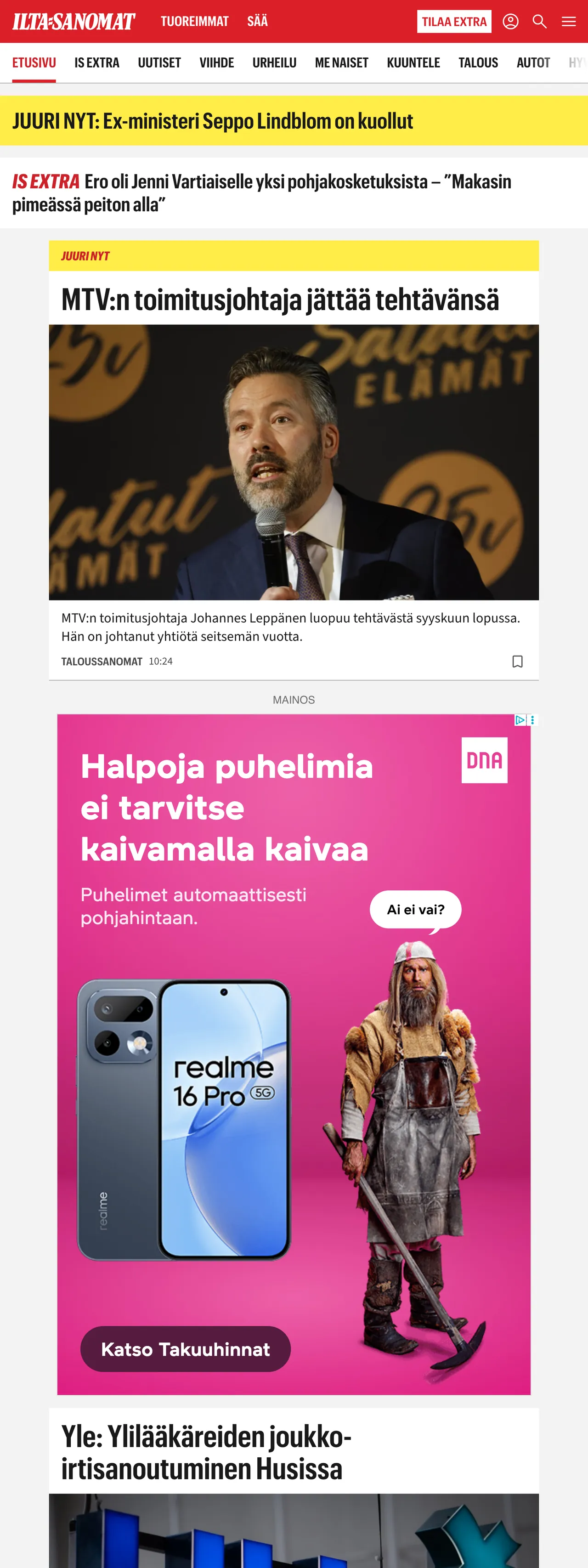 Screenshot of the Ilta-Sanomat front page