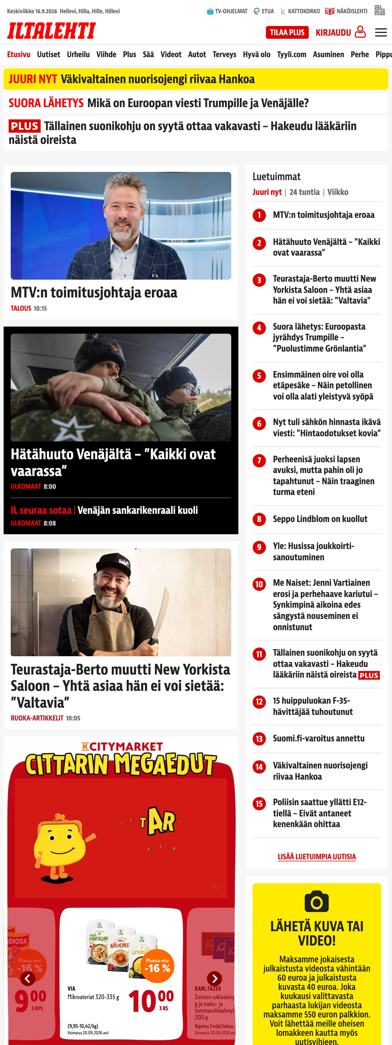 Screenshot of the Iltalehti front page