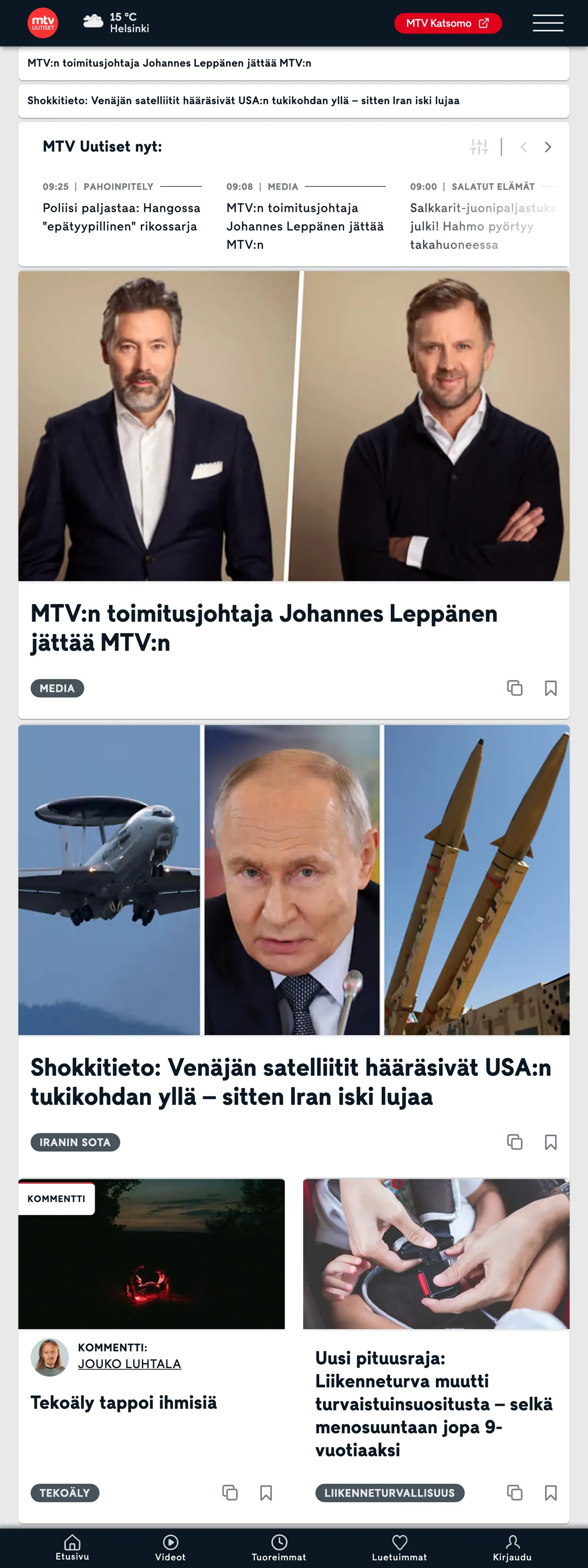Screenshot of the MTV Uutiset front page
