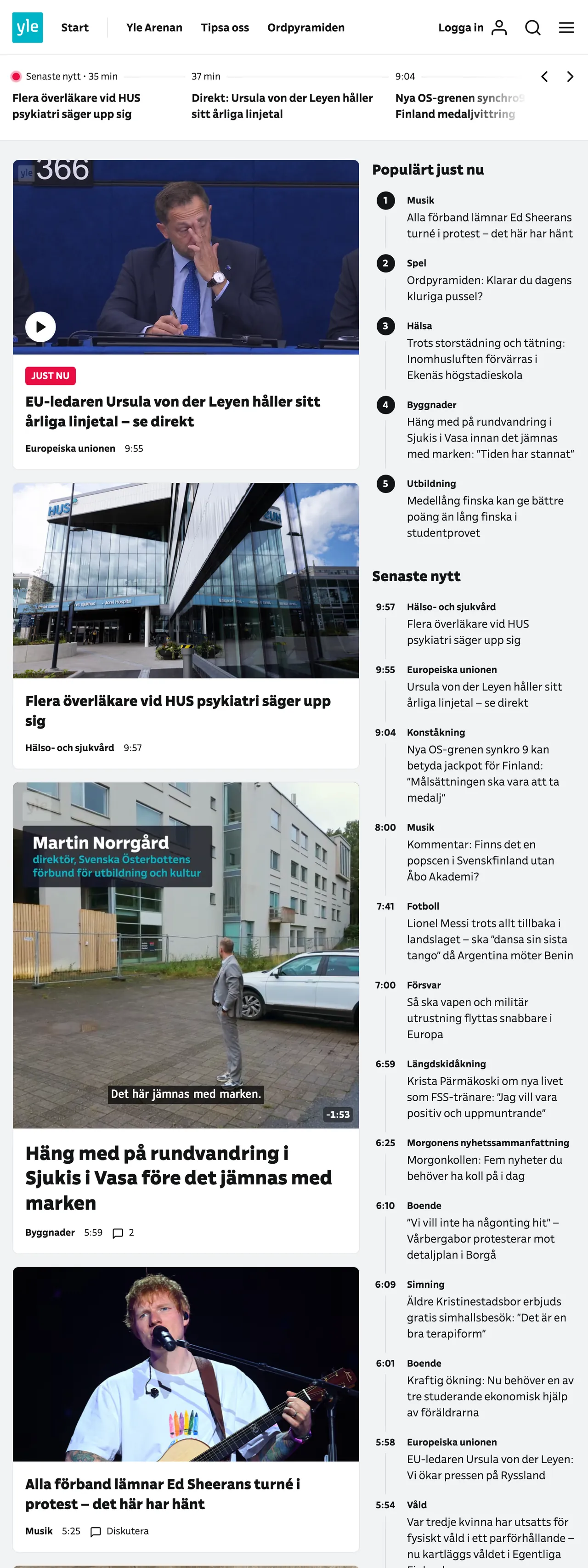 Screenshot of the Svenska Yle front page
