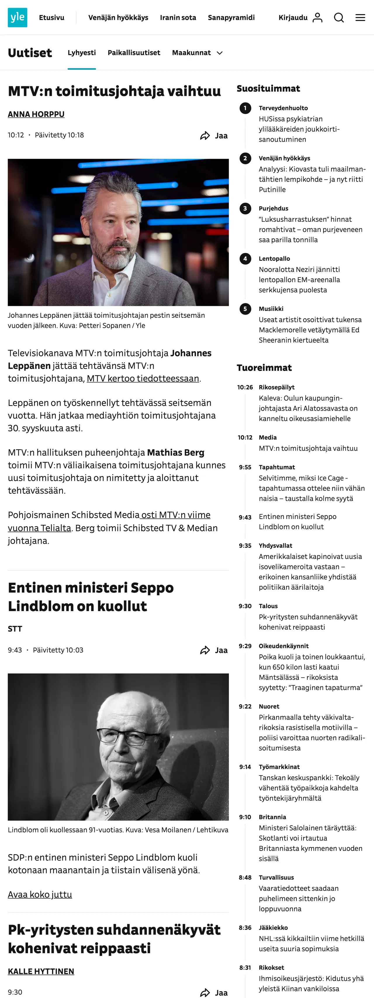 Screenshot of the Yle front page