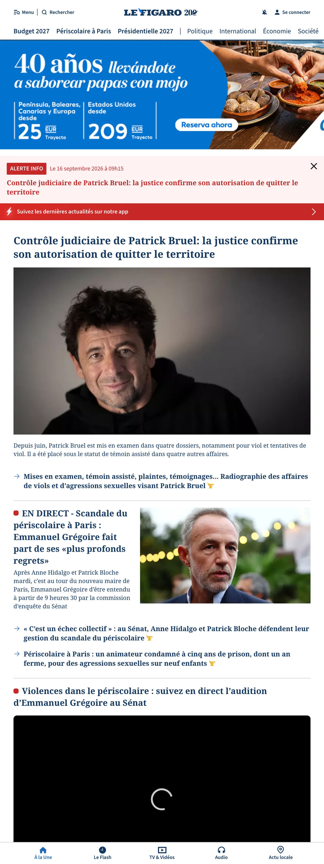 Screenshot of the Le Figaro front page