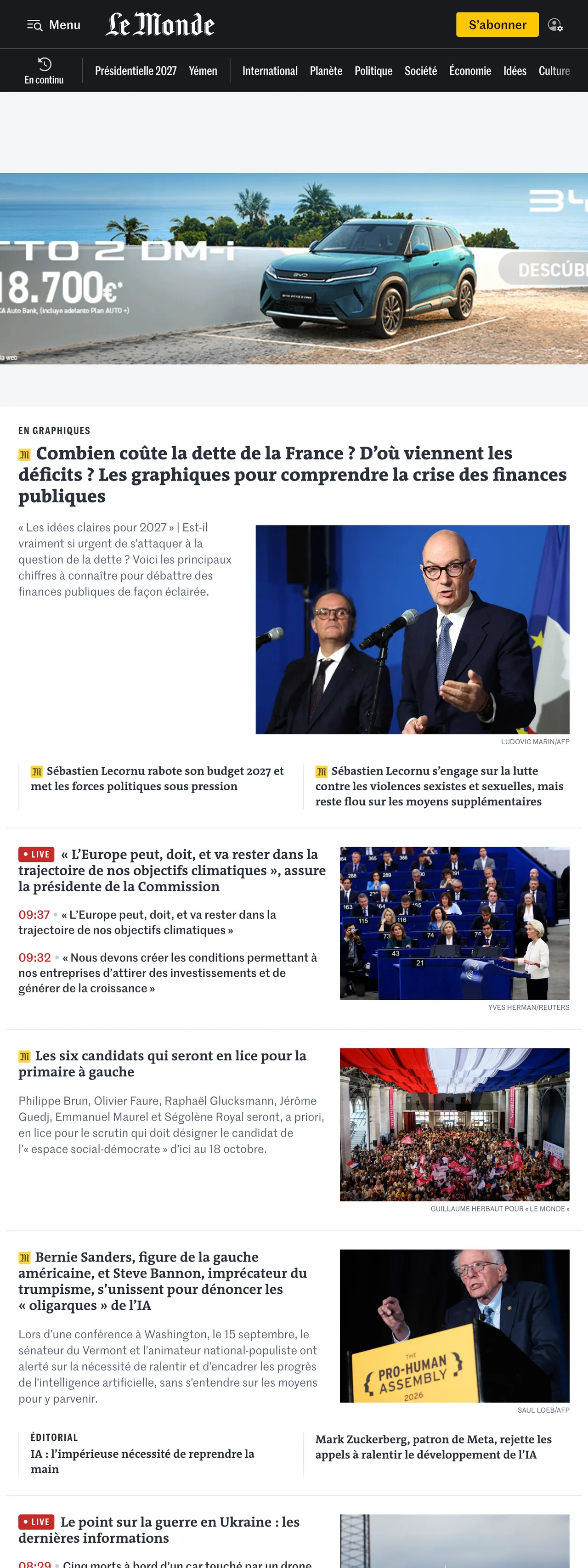 Screenshot of the Le Monde front page