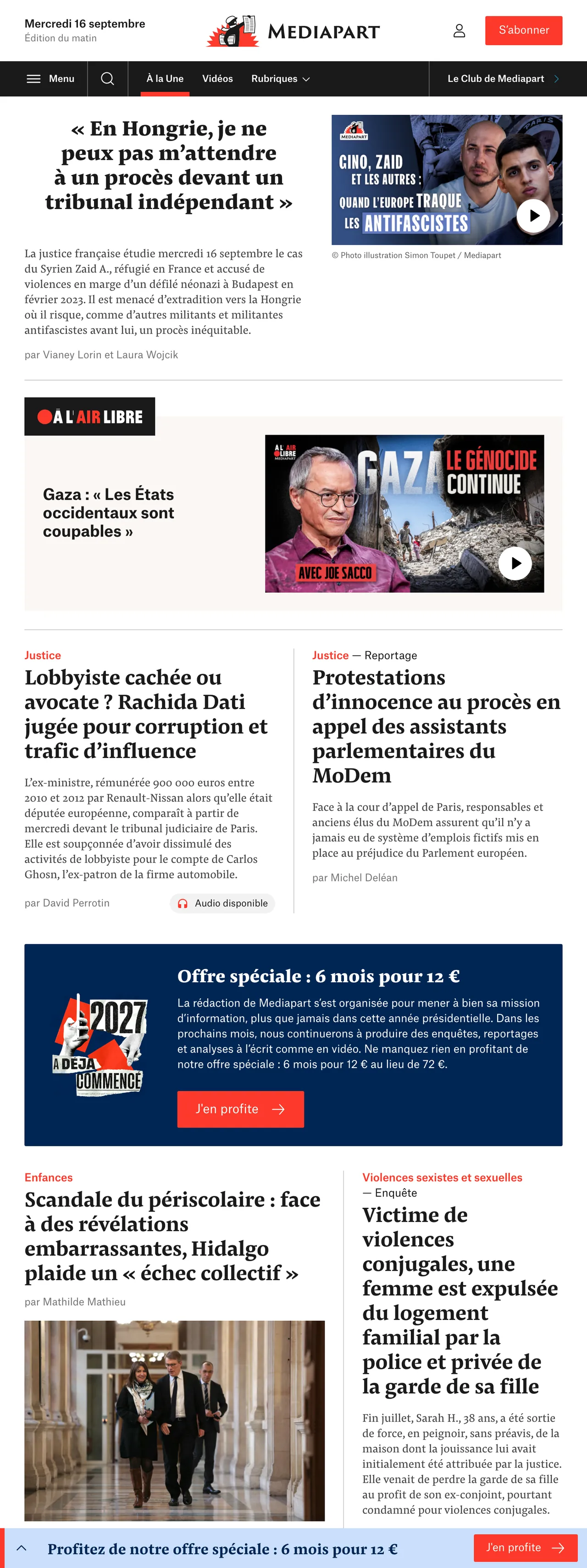 Screenshot of the Mediapart front page