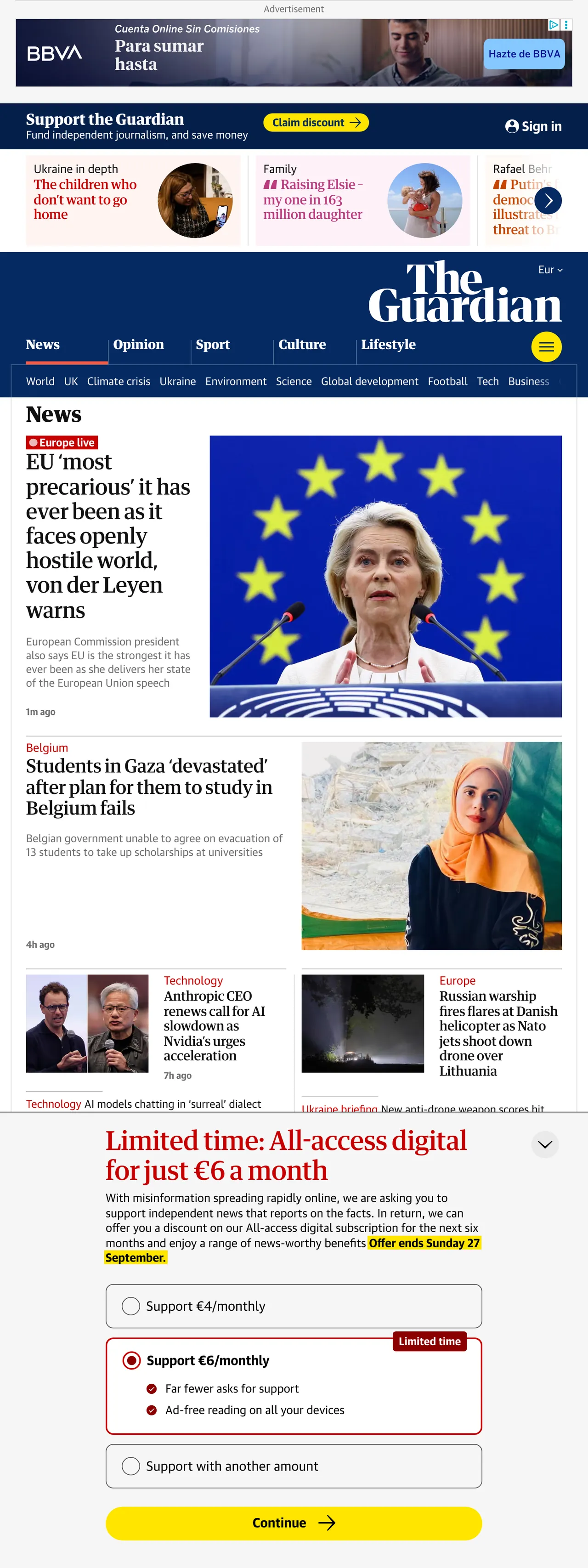 Screenshot of the The Guardian front page