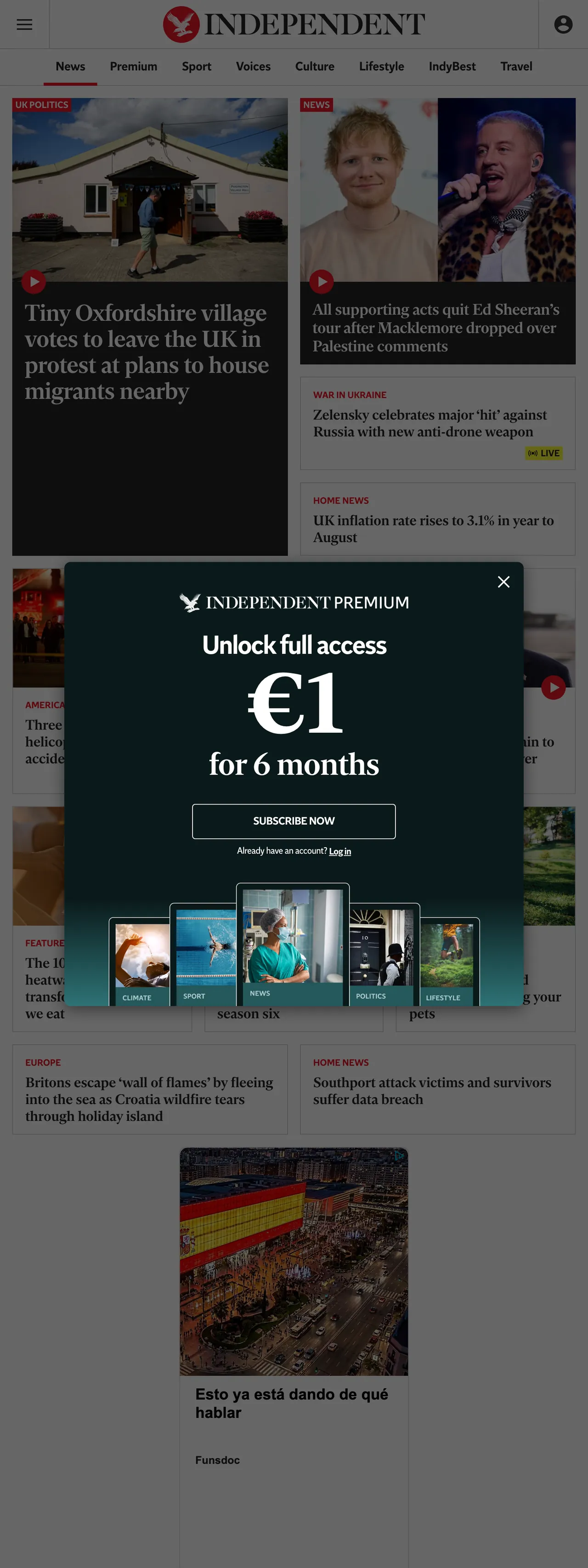 Screenshot of the The Independent front page