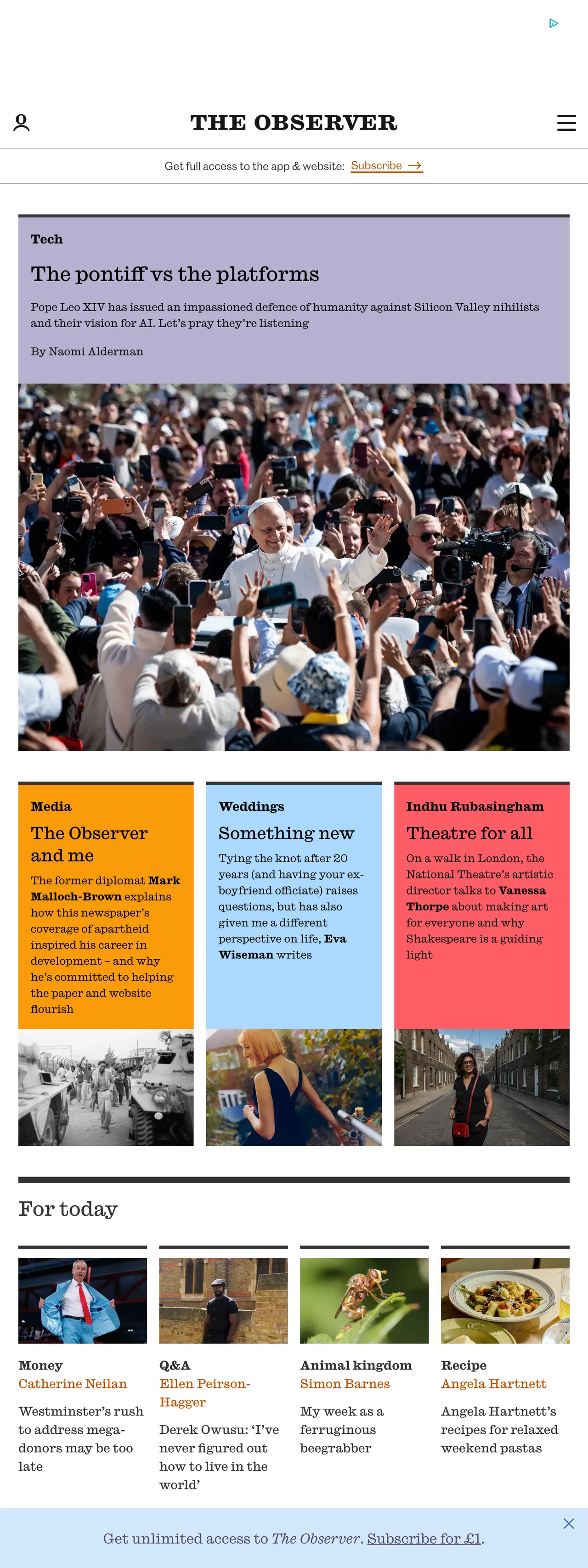Screenshot of the The Observer front page