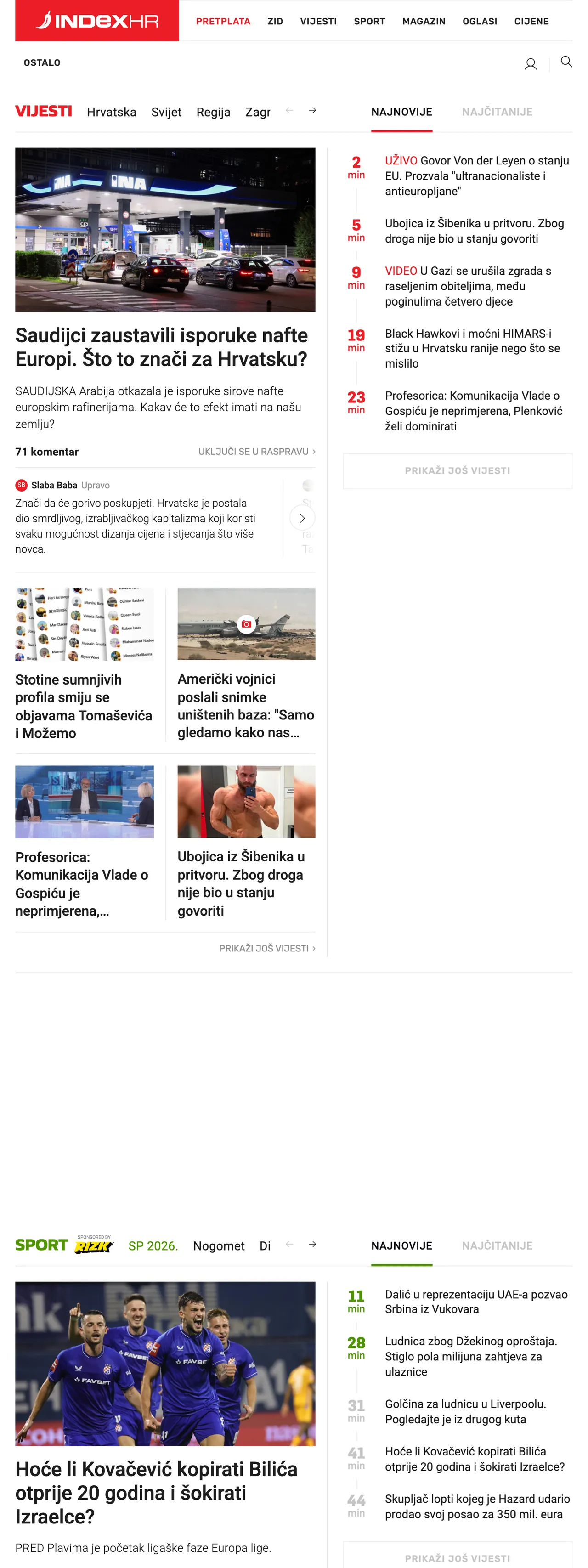 Screenshot of the Index.hr front page