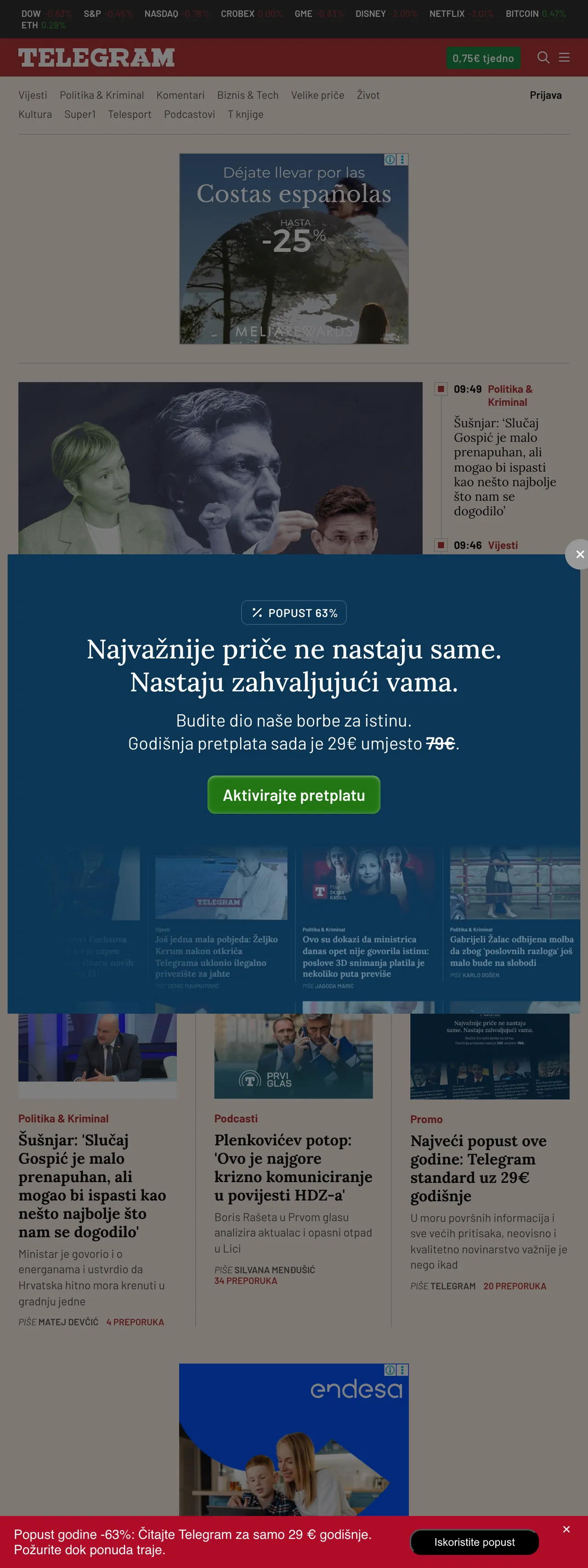 Screenshot of the Telegram.hr front page