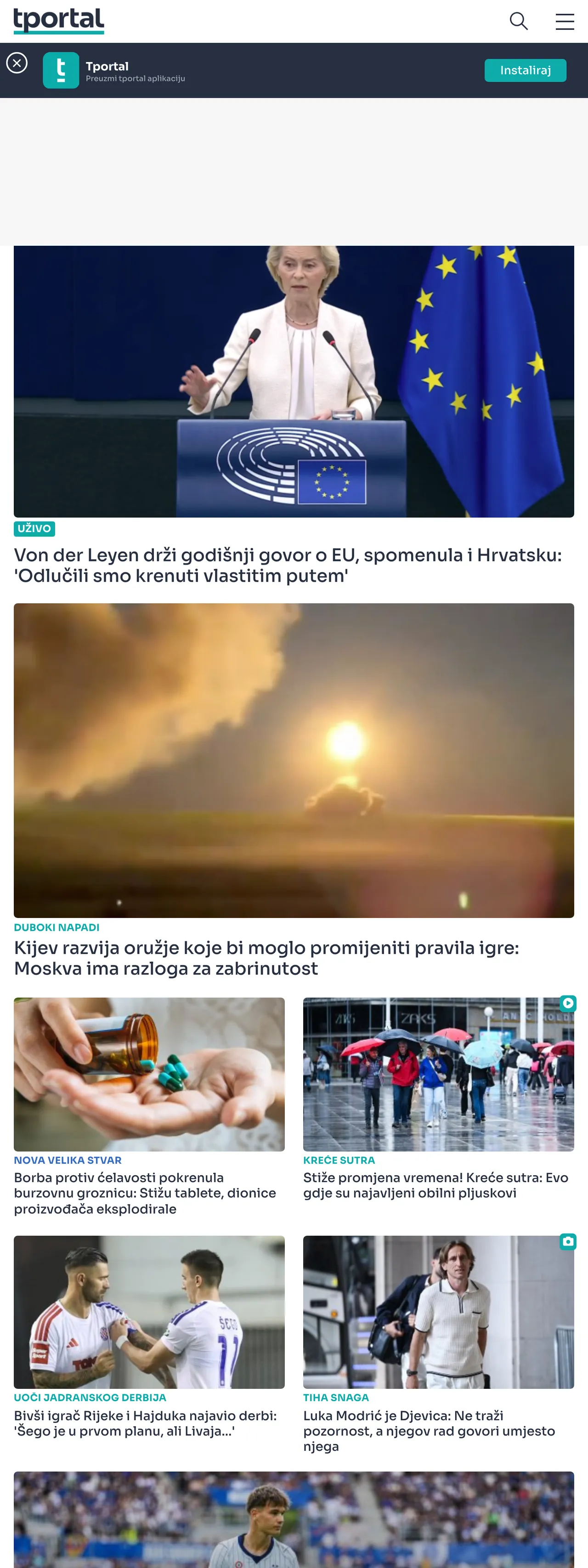 Screenshot of the tportal front page