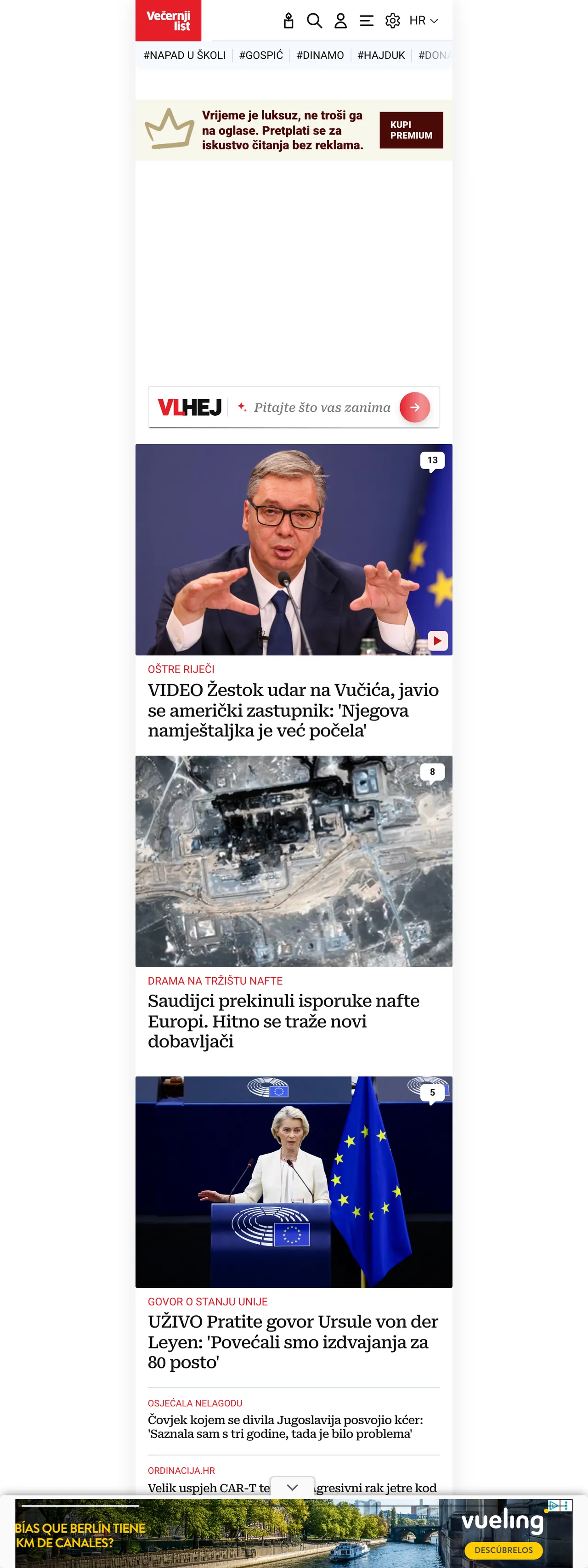 Screenshot of the Večernji list front page