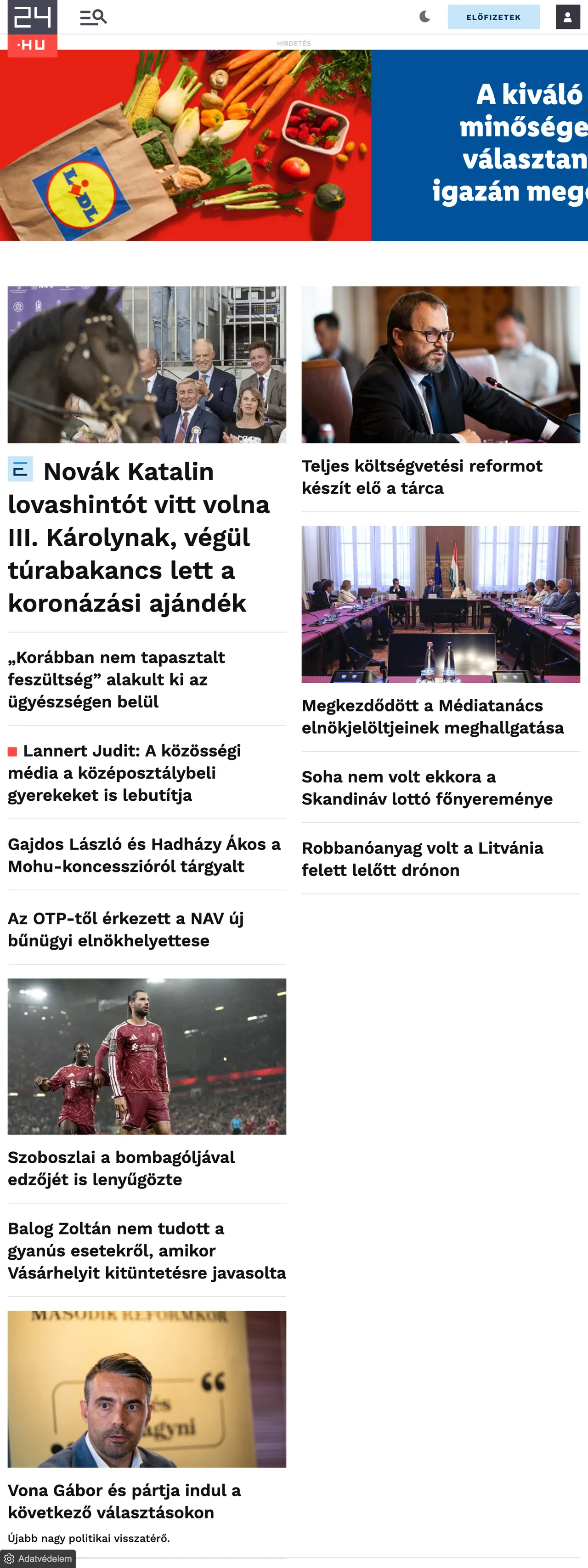 Screenshot of the 24.hu front page