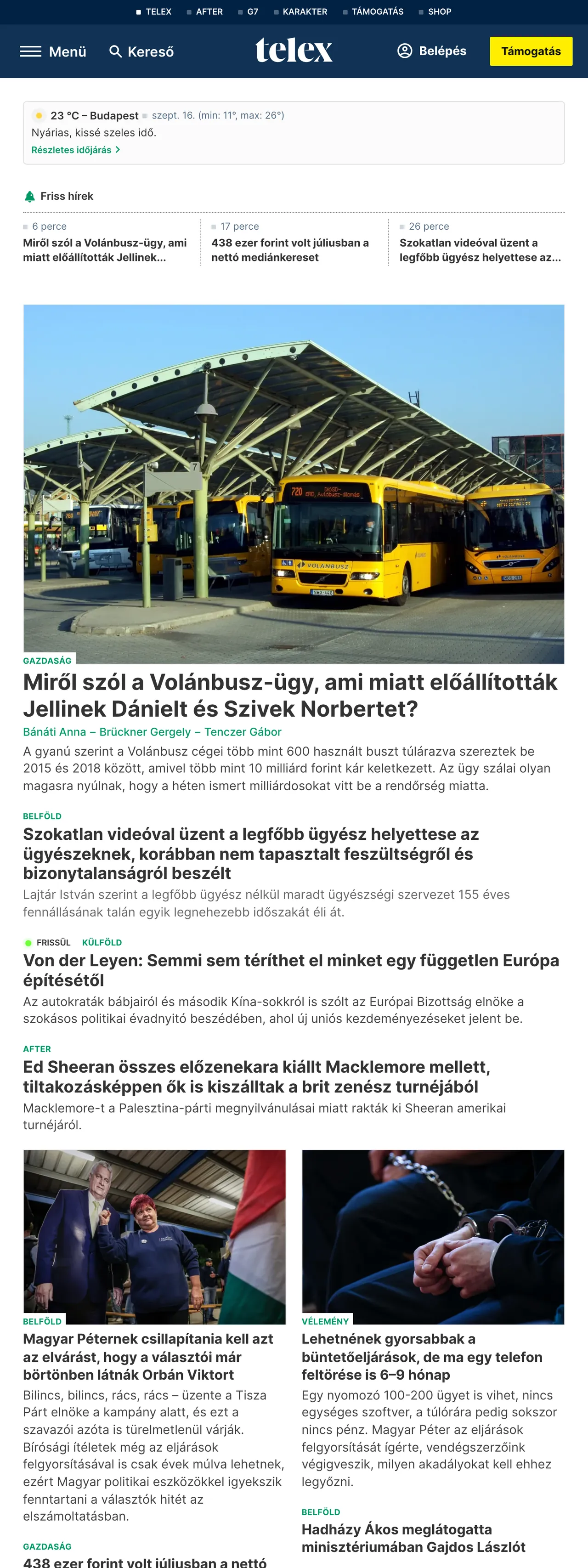 Screenshot of the Telex front page