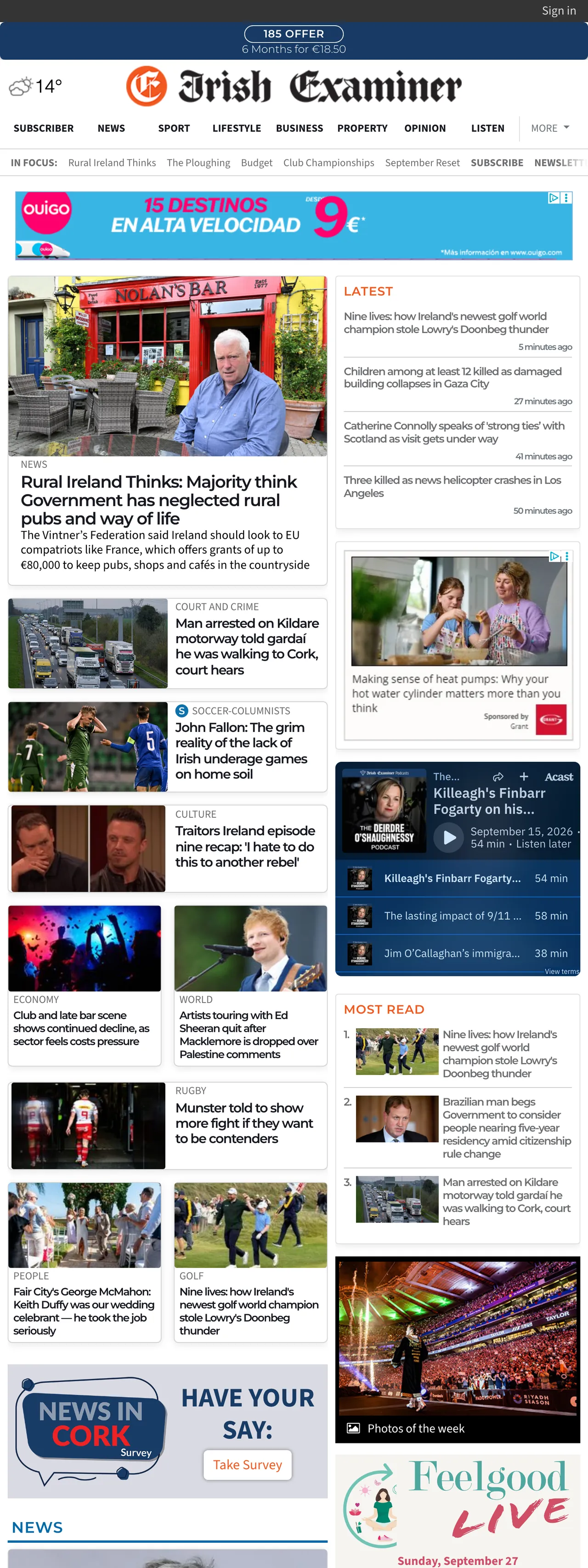 Screenshot of the Irish Examiner front page