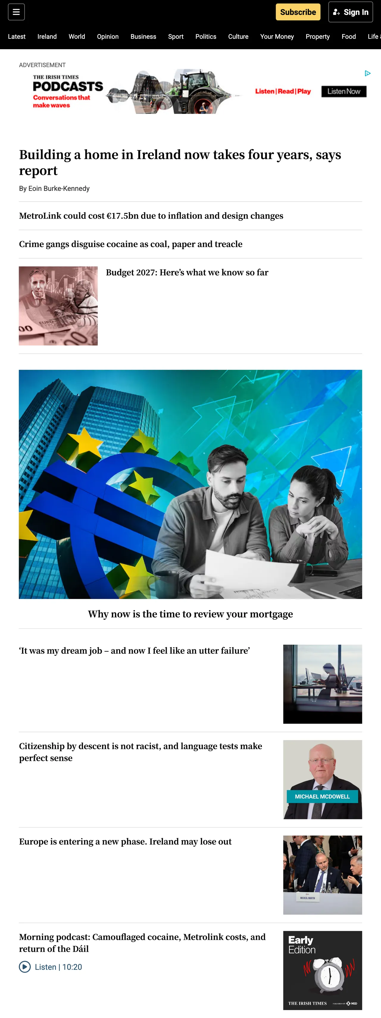 Screenshot of the The Irish Times front page