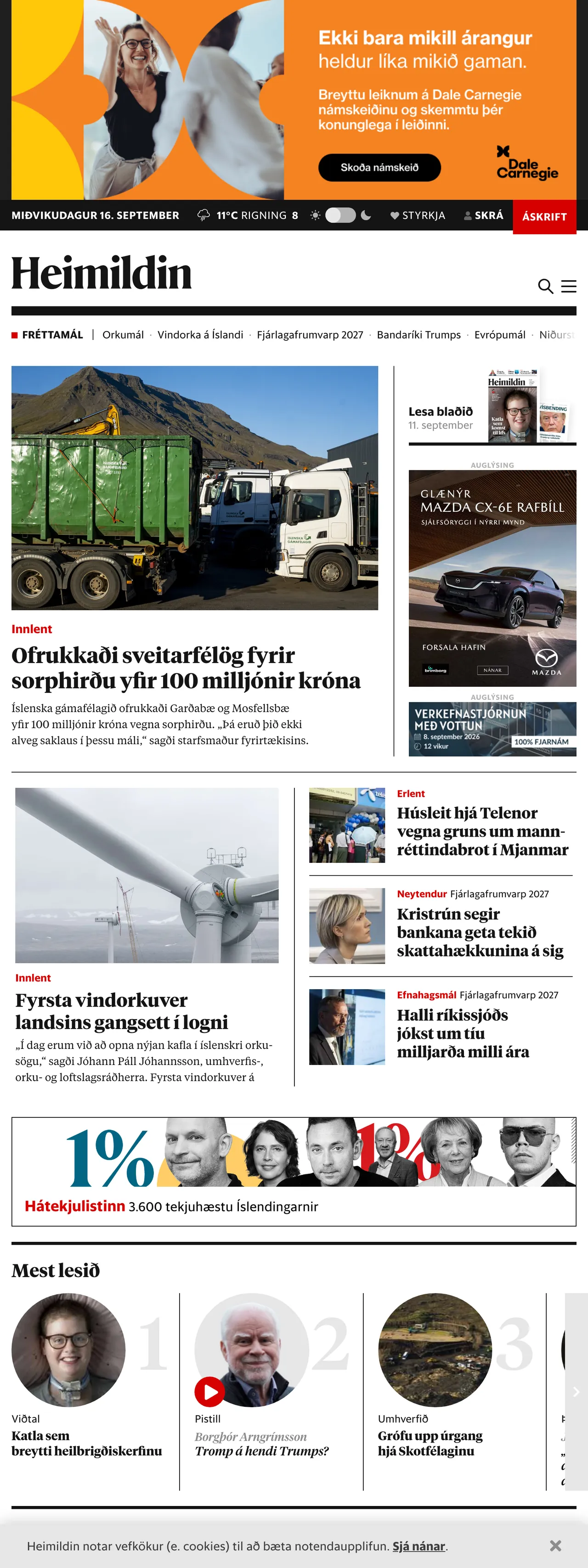 Screenshot of the Heimildin front page