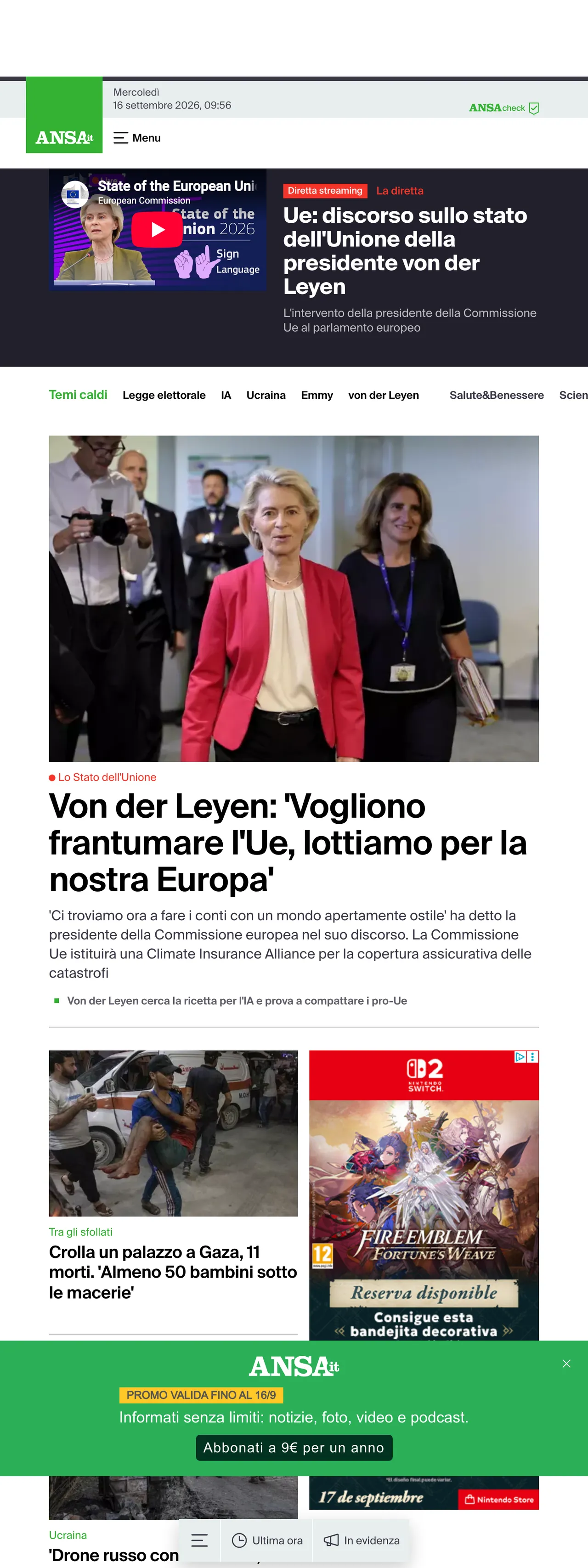 Screenshot of the ANSA front page