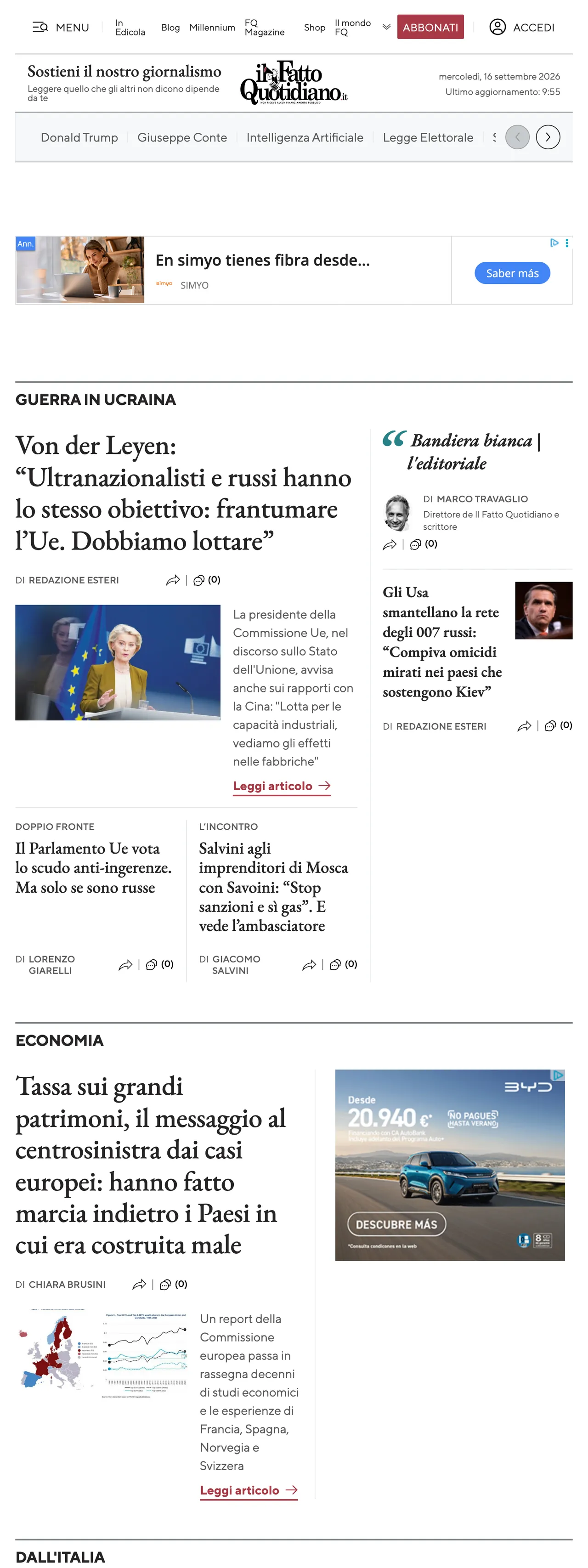 Screenshot of the Il Fatto Quotidiano front page