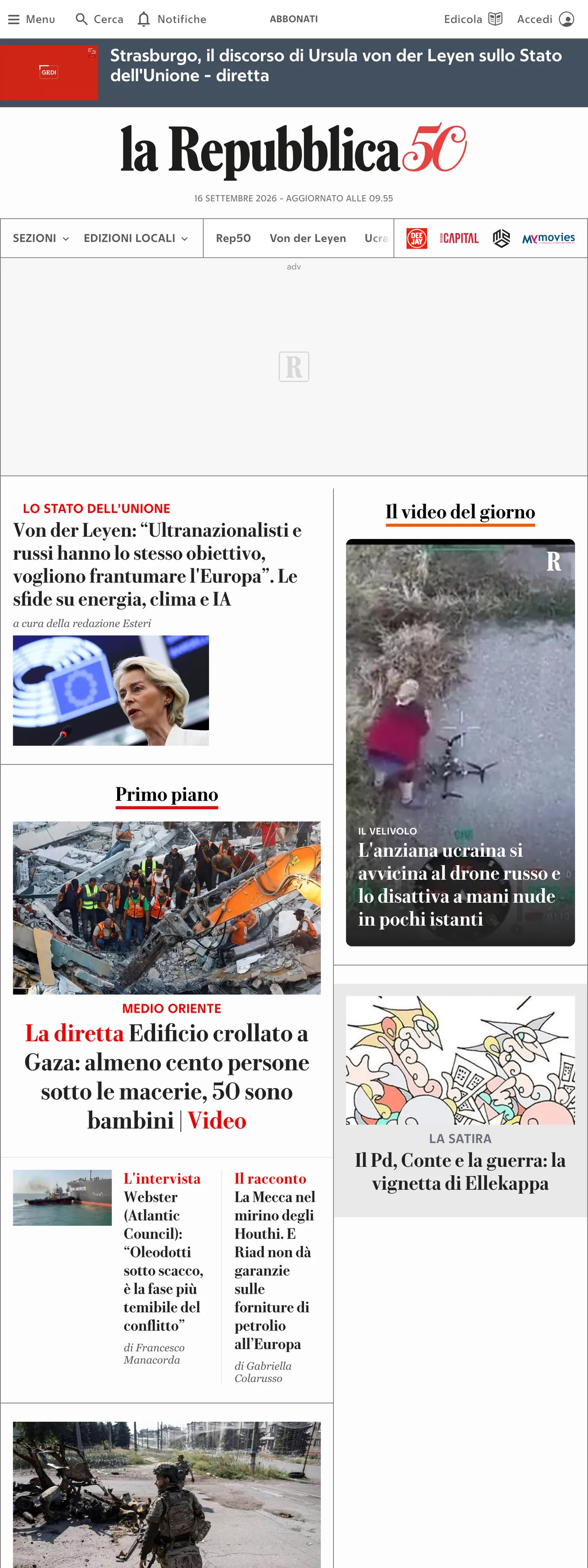 Screenshot of the la Repubblica front page