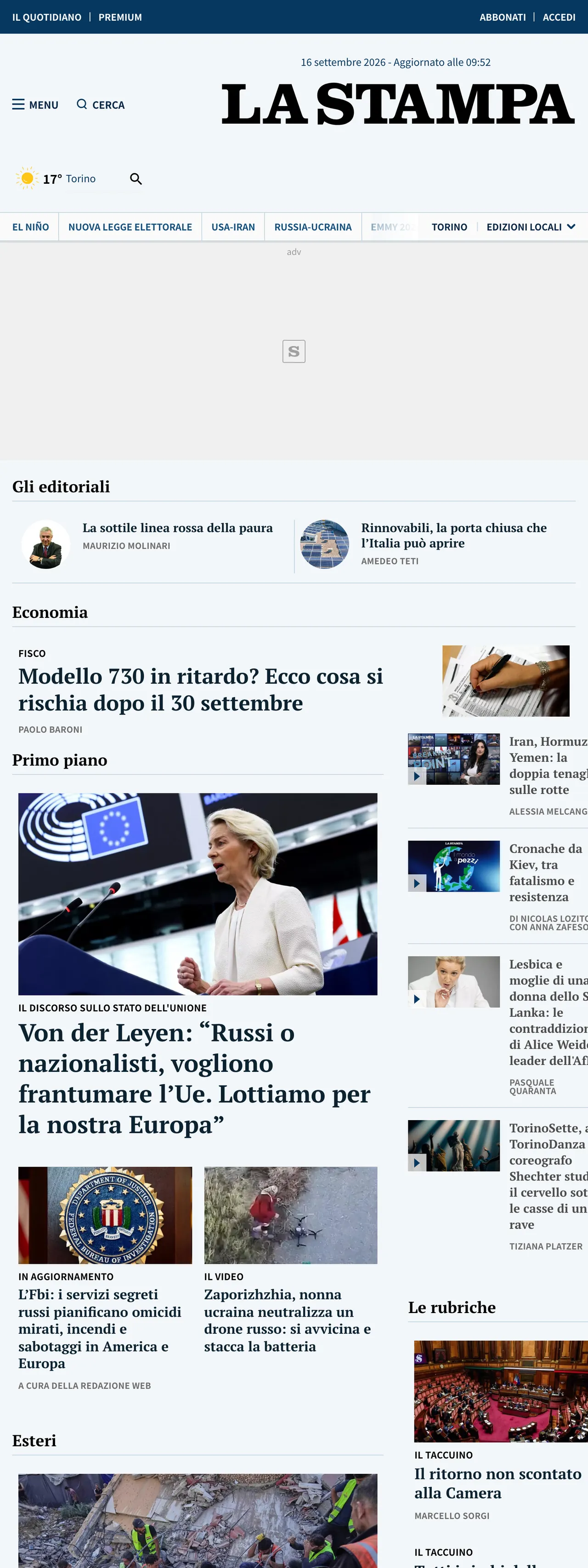 Screenshot of the La Stampa front page
