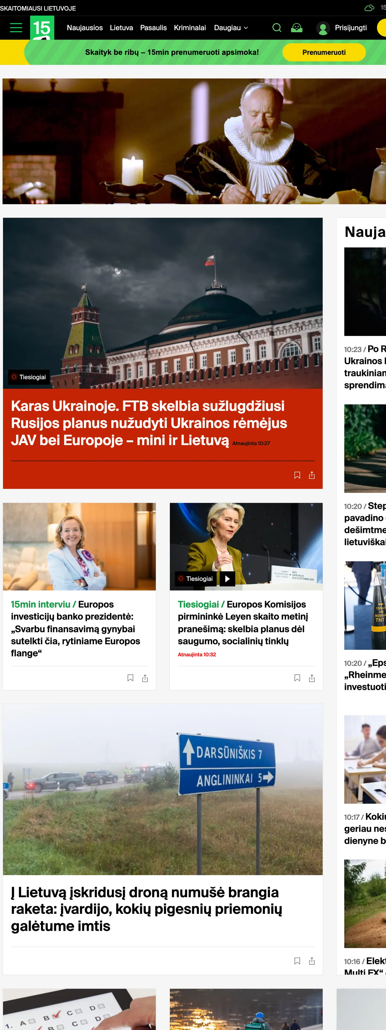 Screenshot of the 15min front page