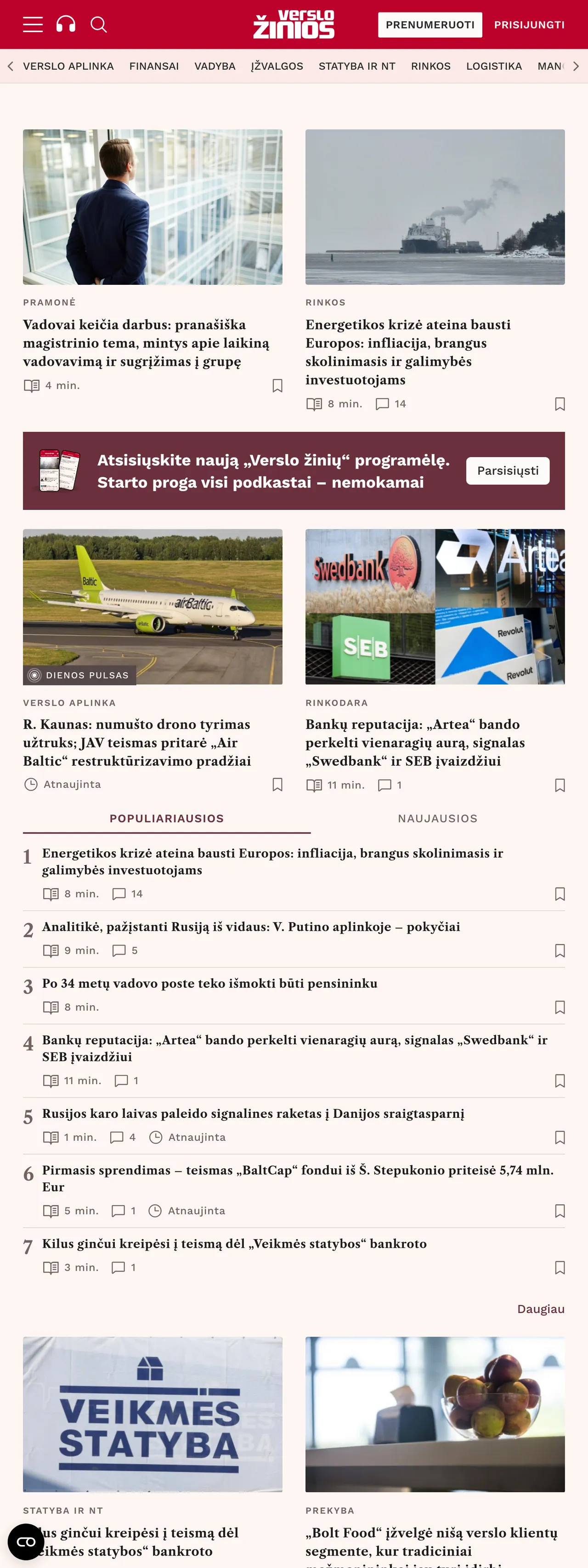 Screenshot of the Verslo žinios front page