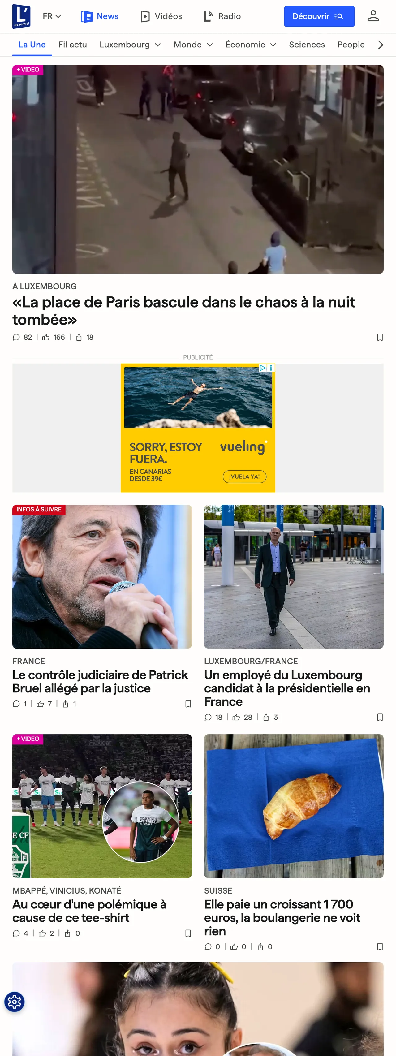 Screenshot of the L'essentiel front page