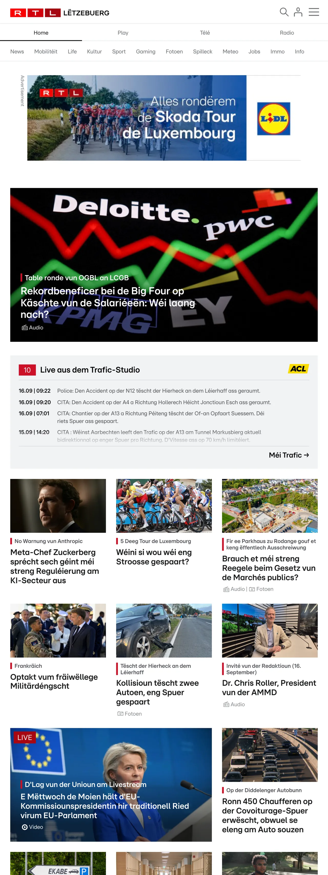 Screenshot of the RTL Lëtzebuerg front page