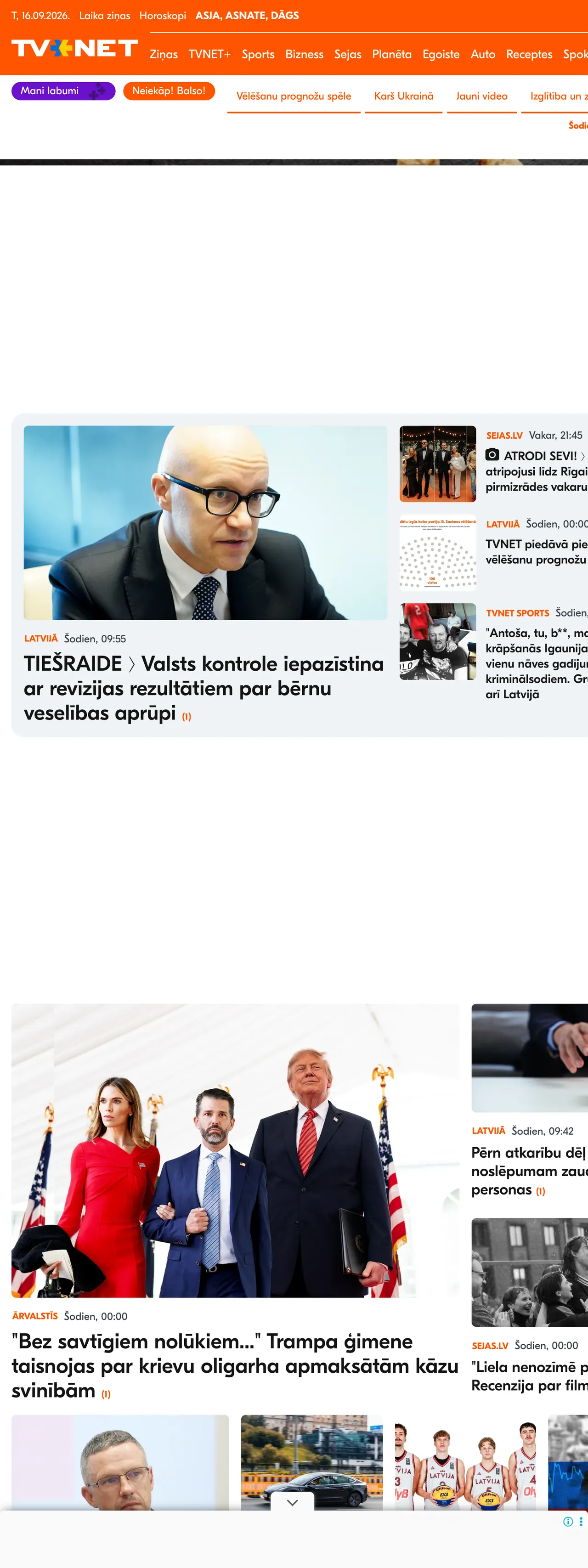 Screenshot of the TVNET front page