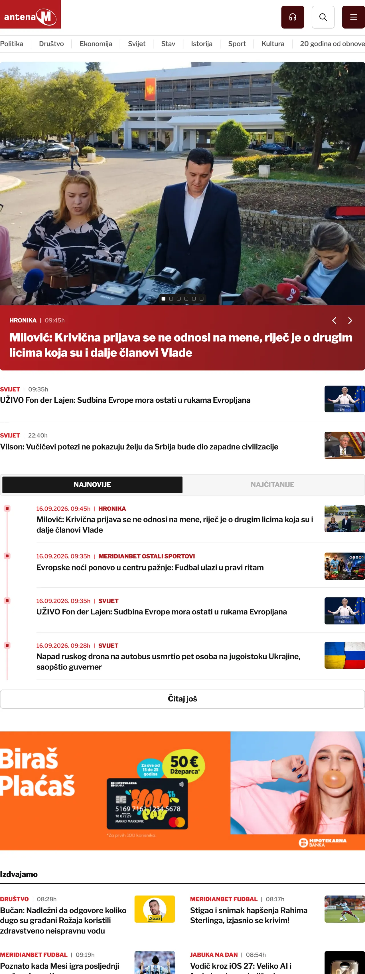 Screenshot of the Antena M front page