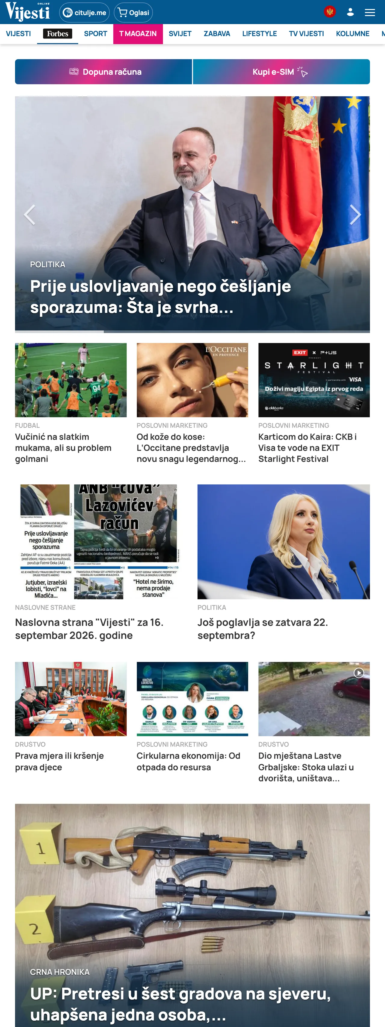 Screenshot of the Vijesti front page
