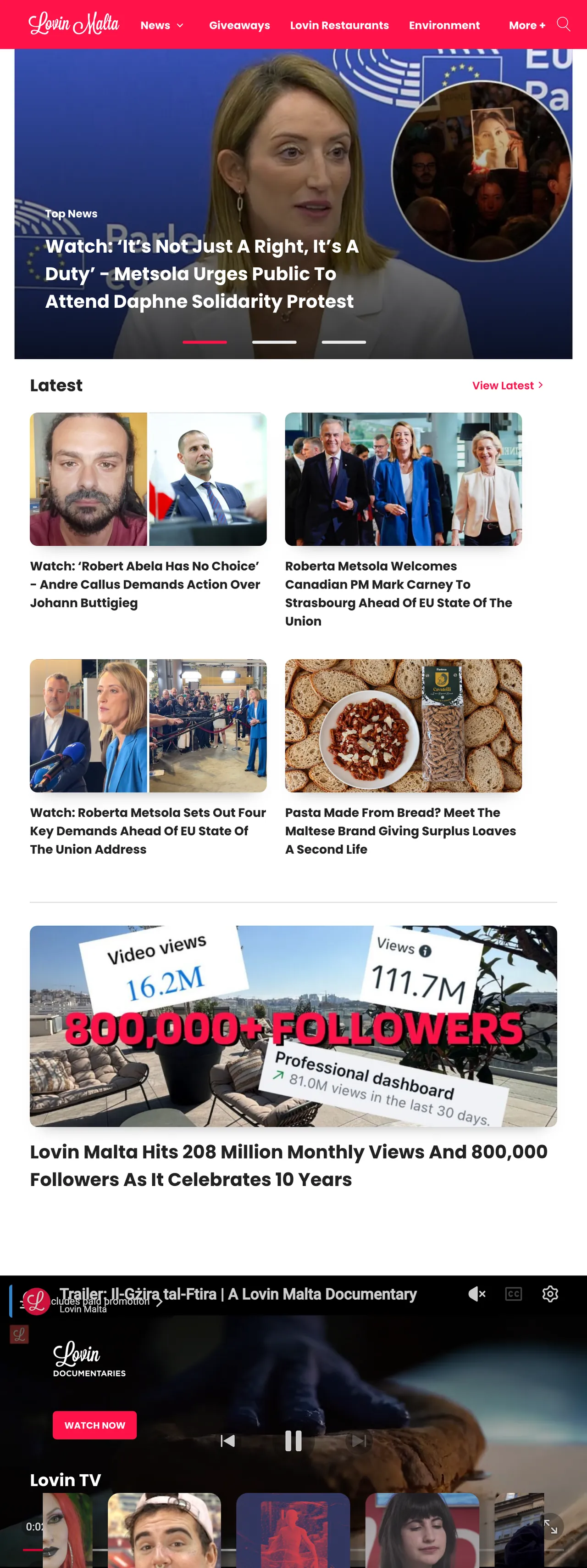 Screenshot of the Lovin Malta front page